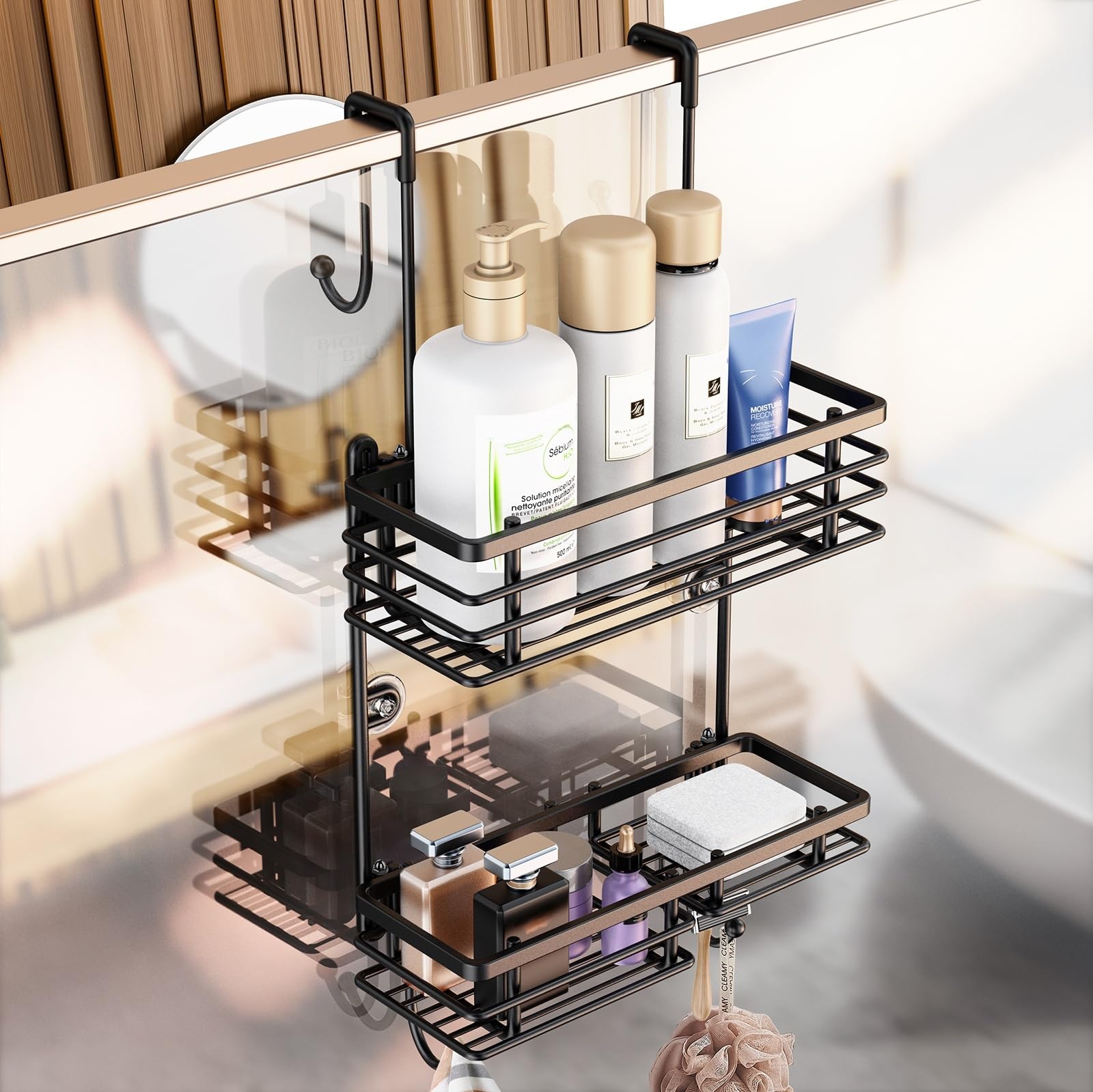 Gaseawolf Shower Caddy Over Door - 2-Tier Organizer Rack, Stainless Steel, Black, No Drilling, Holds Body Wash, Shampoo, Razor, Towel