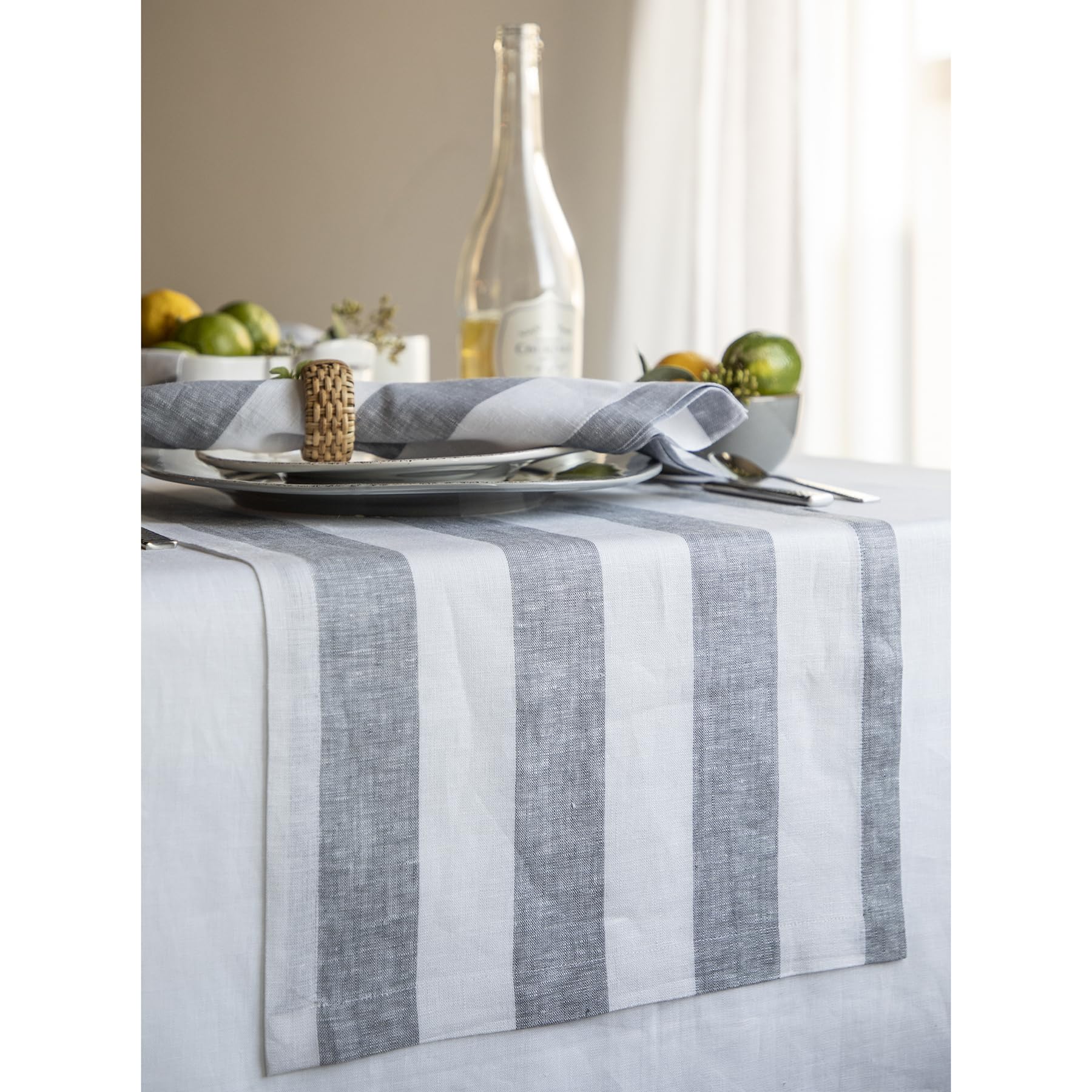 Solino Home Linen Stripe Table Runner 120 Inches Long - 100% Pure Linen Grey And White Table Runner 14 X 120 Inch - Cabana Strip
