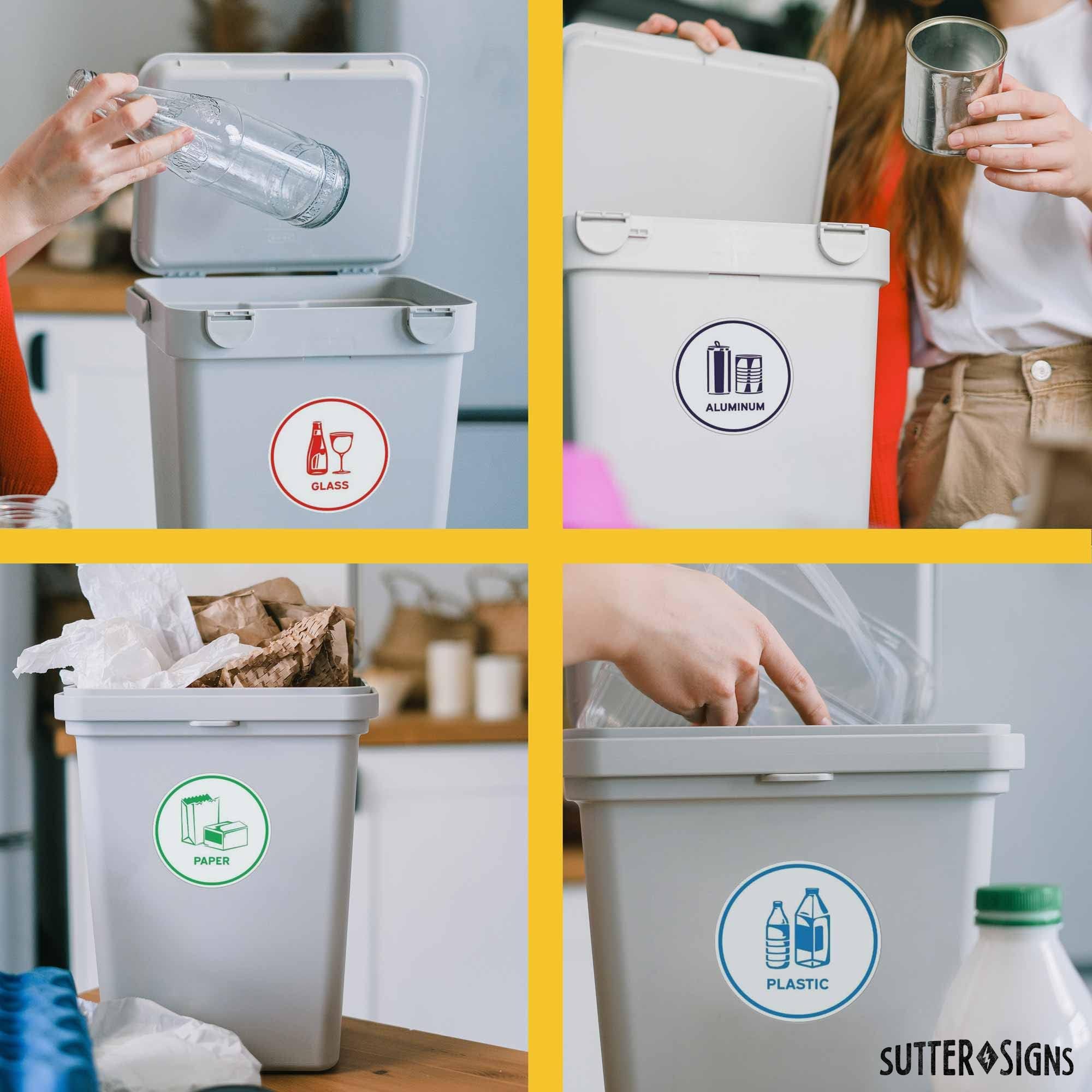 Recycling Sorting Sticker Signs Decals - Paper  Aluminum  Plastic  Glass (Set of 4 Recycle Stickers for Cans and Bins)