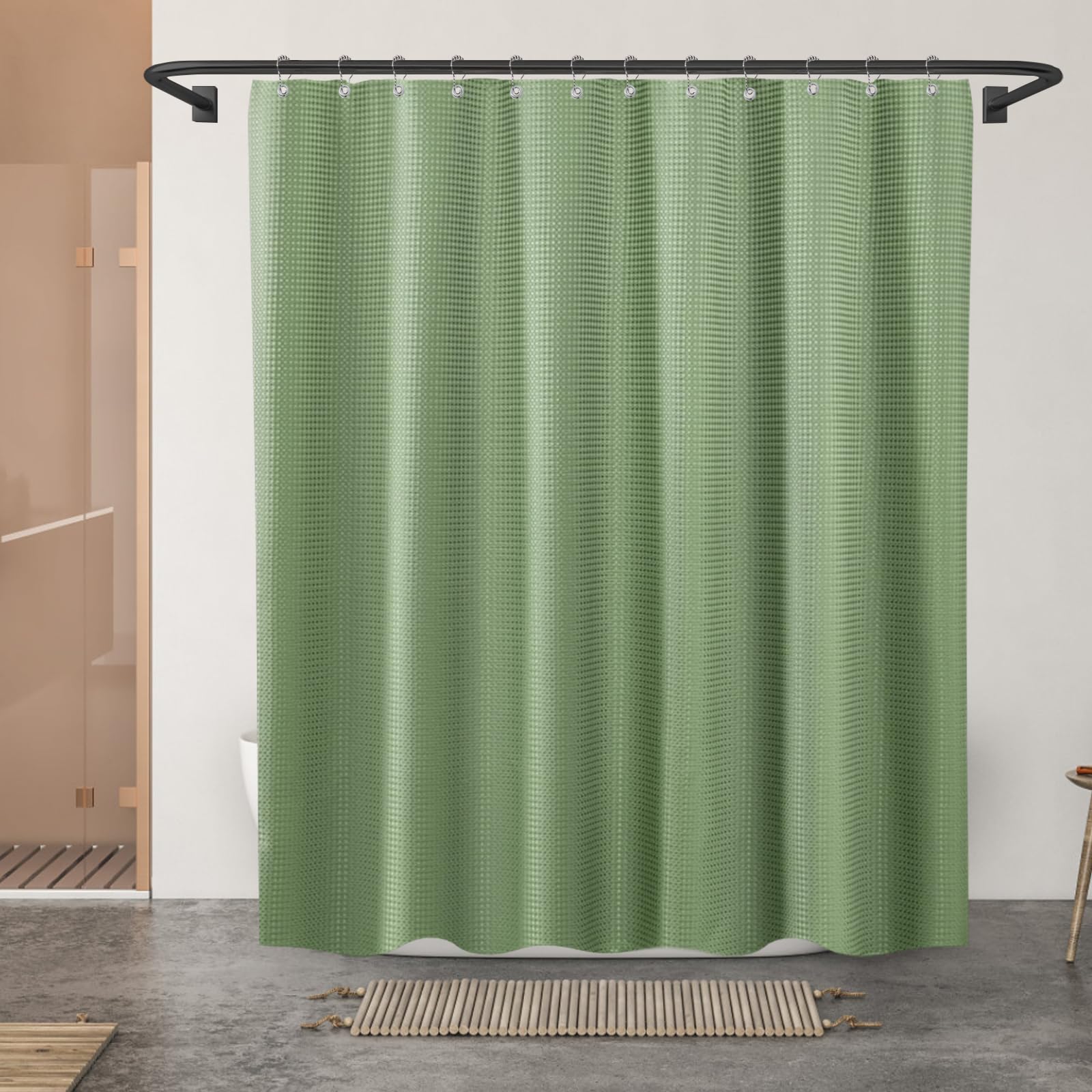 Final Friday Sage Green Shower Curtain Fabric, Waffle Shower Curtains For Bathroom, Hotel Luxury Cloth Bath Curtain Boho Bathroo