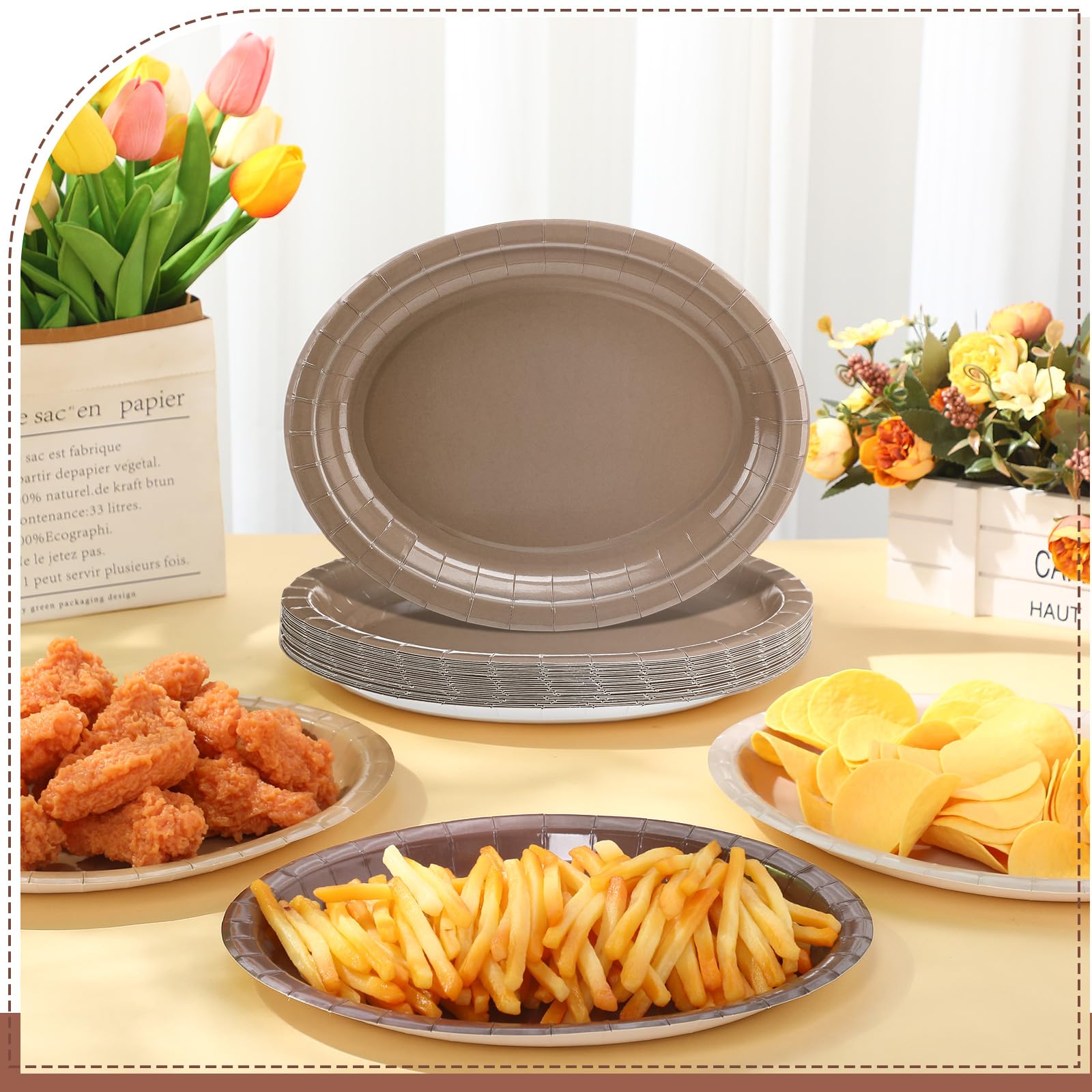 Vesici 100Pcs Brown Paper Plates Thanksgiving Party Supplies Brown Gradient Colors Farmhouse Oval Disposable Dessert Plates Pape