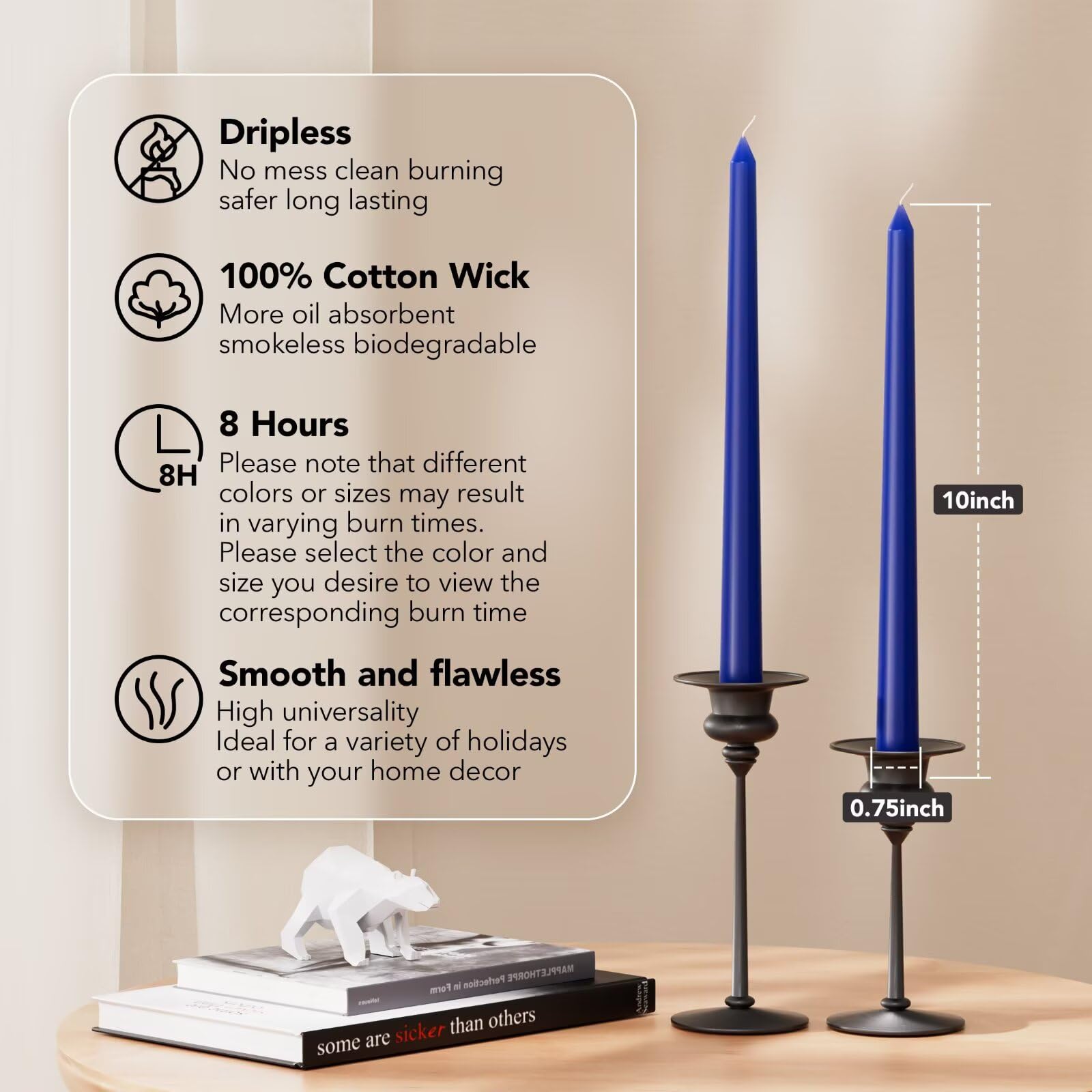 Pickood 10-Inch Tall Dripless Taper Candles Set of 4 - Classic Blue Tapered Candles, Perfect for Spring - Smokeless, Unscented,