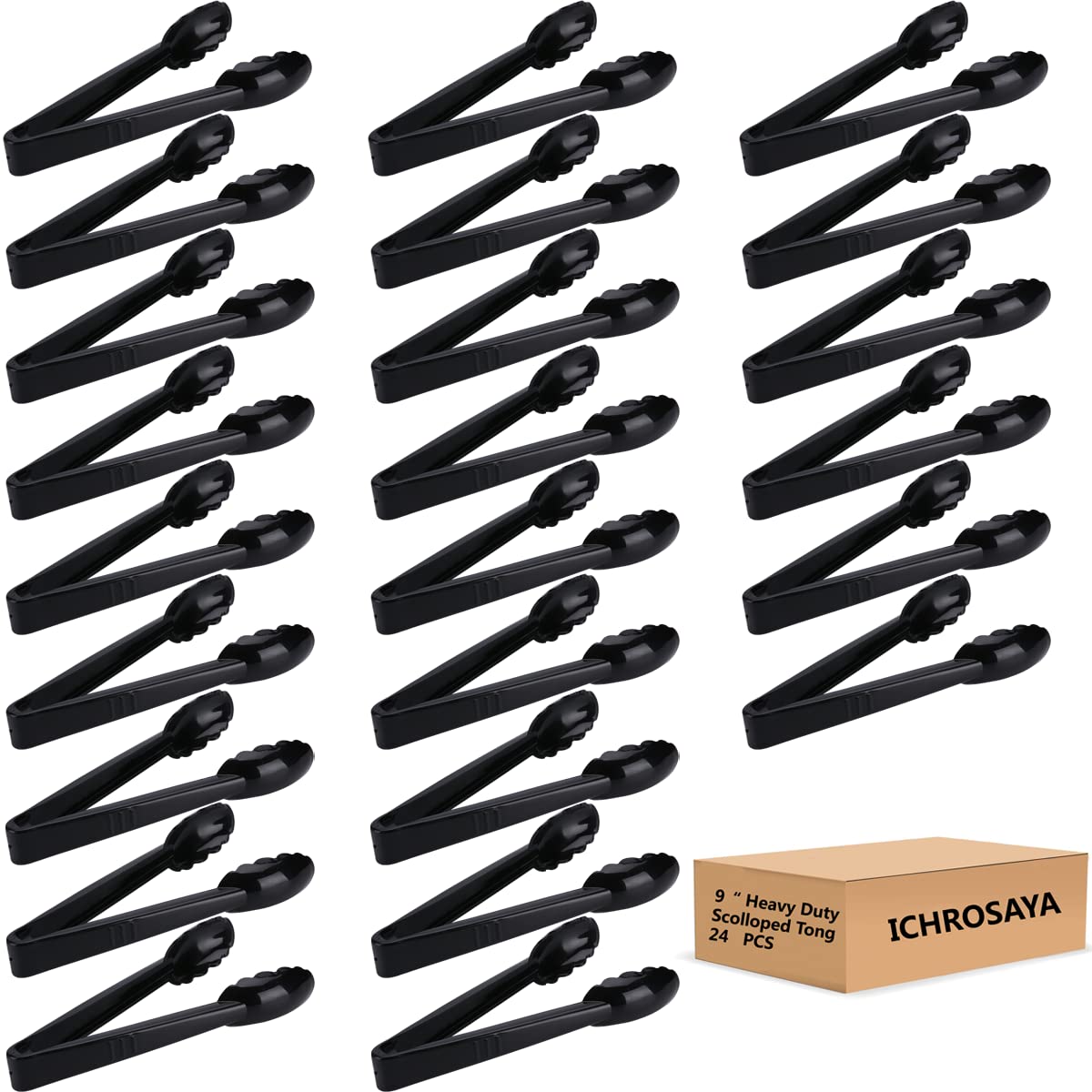 Ichrosaya Disposable Plastic Tongs For Buffets Kitchen And Bbq, 24 Pieces, Serving Utensils Set, 9 Inch Heavy Duty Scalloped Sal
