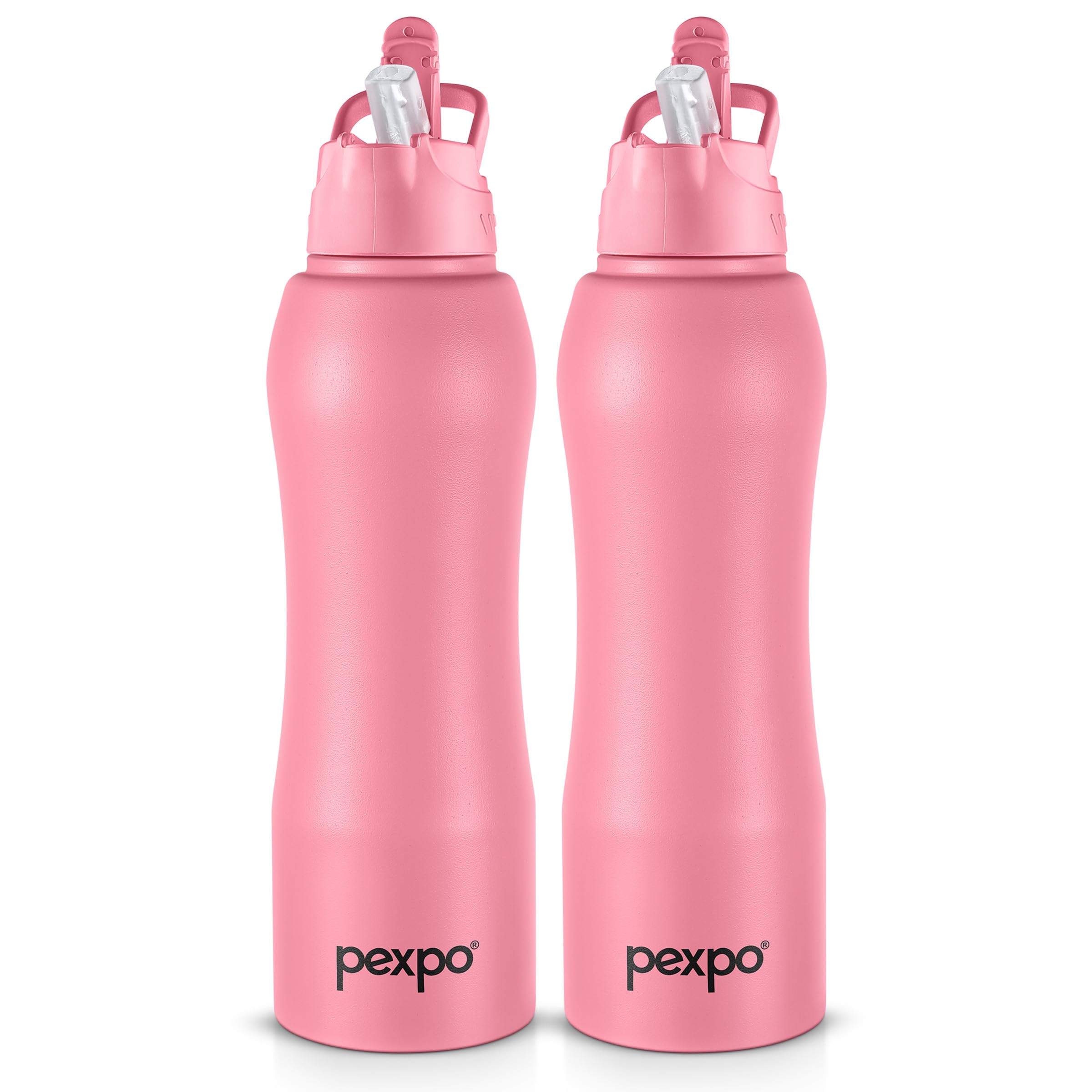 Pexpo Belly Isi Certified Stainless Steel Water Bottle 1 Ltr (Pack Of 2), With Straw Lid Sipper Cap | Single Wall Fridge Bottle 