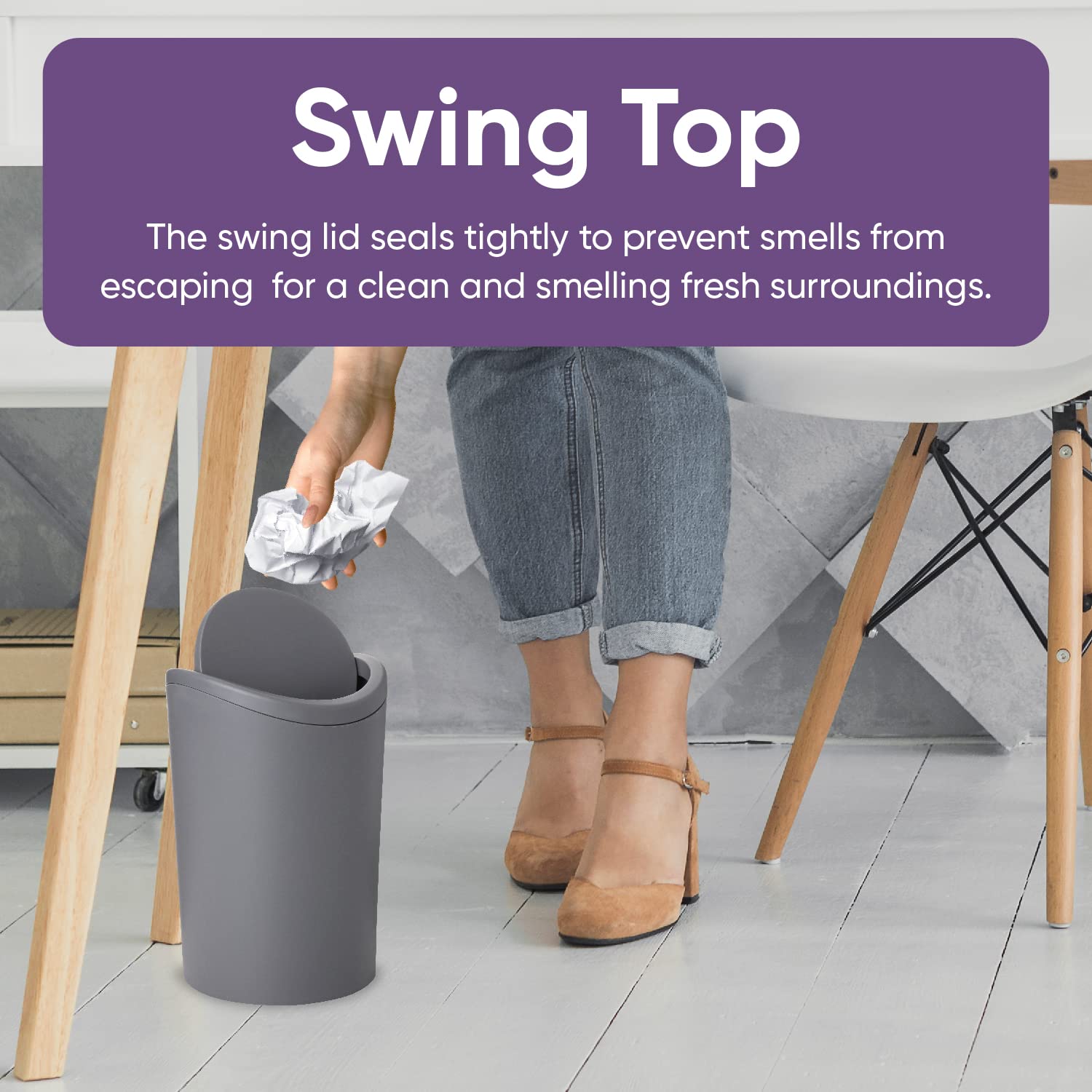 Superio Small Bathroom Trash Can With Lid, Modern Grey Mini Waste Bin With Swing Lid (1 1/2 Gallon, 6 Liter) Plastic Garbage Can