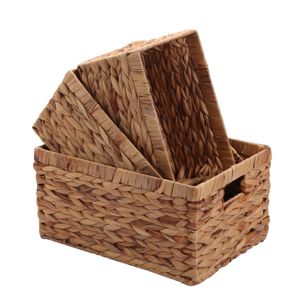 Storage Baskets,Woven Natural Water Hyacinth Box With Handle,Kingwillow.(Set Of 3)