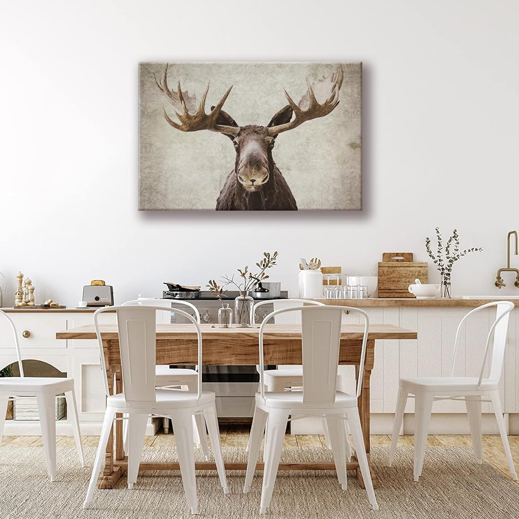SEVEN WALL ARTS Moose Wall Art Canvas, 36"x24", Rustic Cabin Decor, Vintage Elk & Deer Painting for Living Room, Hunting Lodge Theme