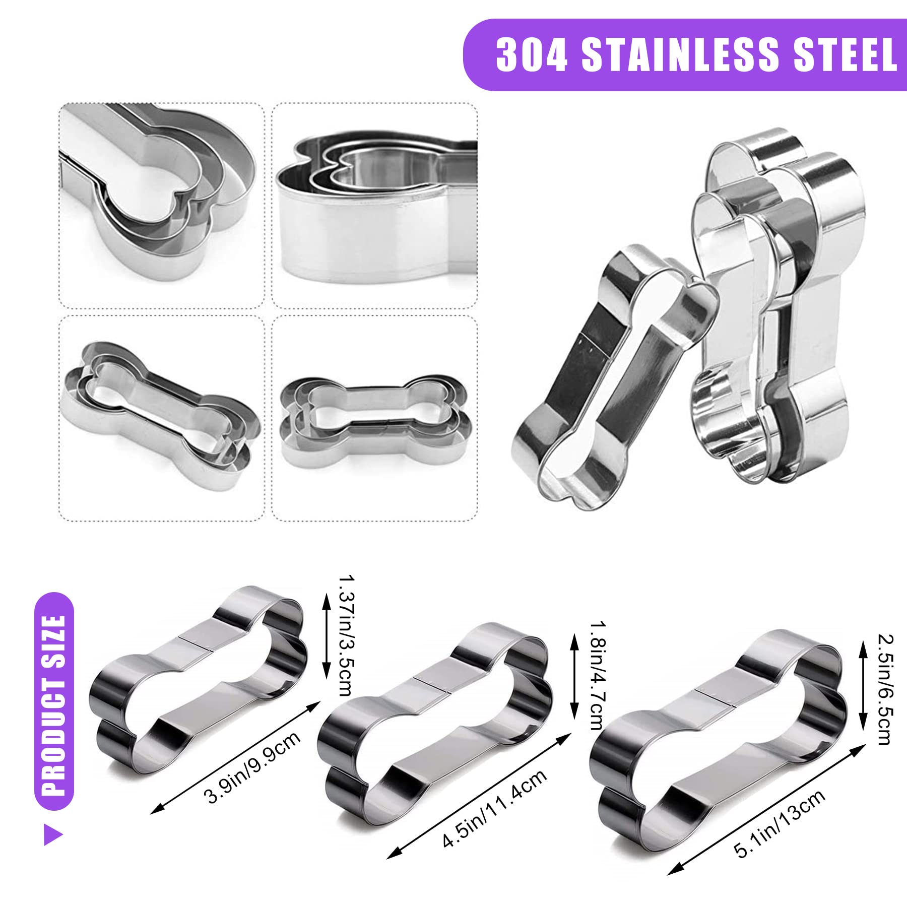 Set Of 7,4 Packs Silicone Molds Puppy Dog Paw & Bone Shaped And 3 Packs Stainless Steel Bone Cookie Cutter,For Homemade Treats A