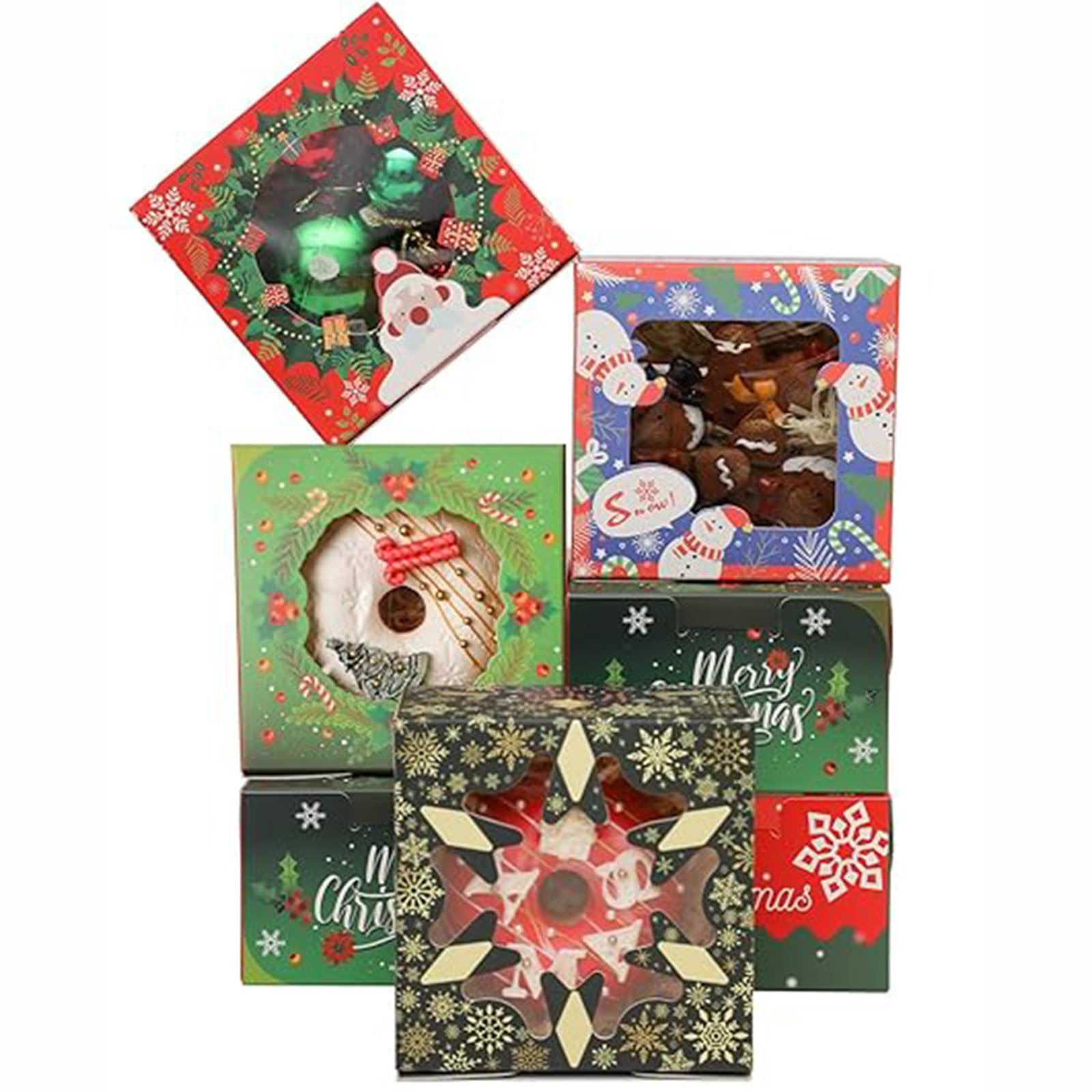 Qiqee Christmas Bakery Boxes With Window 4*4*2.5Inch/55Packs Mini Cookie Boxes Macaron Boxes Small Donut Pastry Boxes For Christ