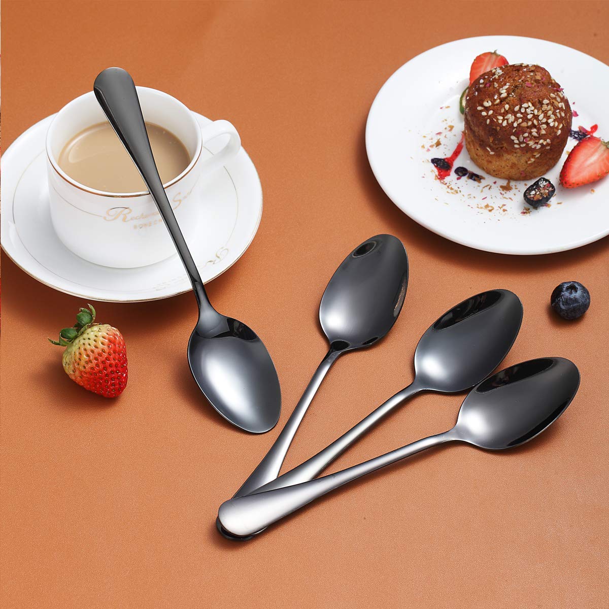 Black Dinner Spoon Of 4, Berglander 7.5'' Stainless Steel Titanium Plating Shiny Black Soup Spoons Silverware, Black Soup Spoon