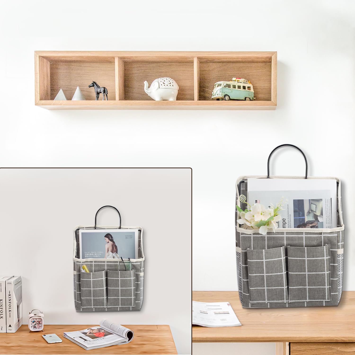 Lyroo 2 Pack Grey Plaid Wall Hanging Storage Wall Hanging Organizer Basket With Pockets For Bathroom Bedroom Kitchen Dorm Room E