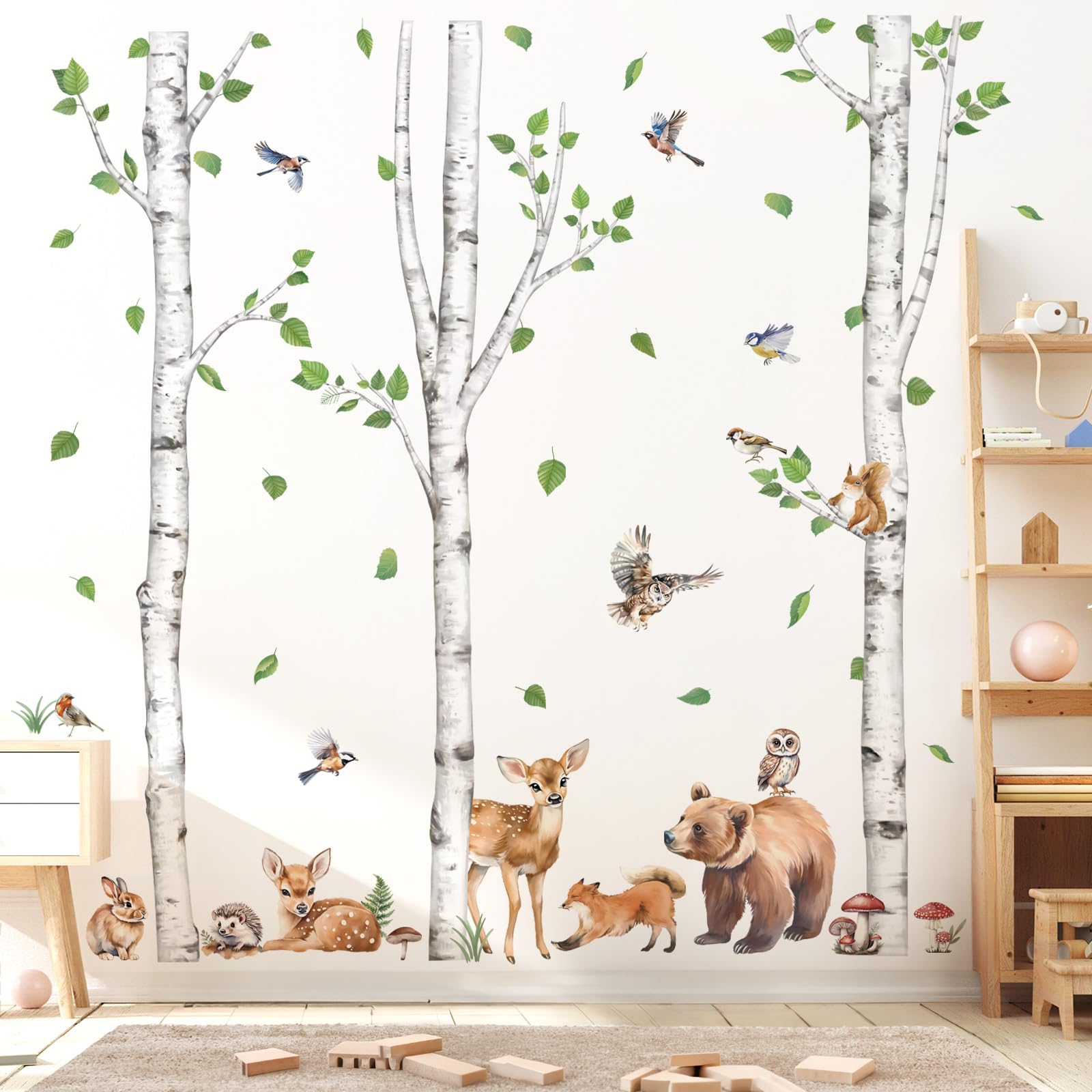 Wondever Large Birch Tree Animals Wall Stickers Forest Owl Fox Bear Deer Peel And Stick Wall Art Decals For Baby Nursery Kids Be