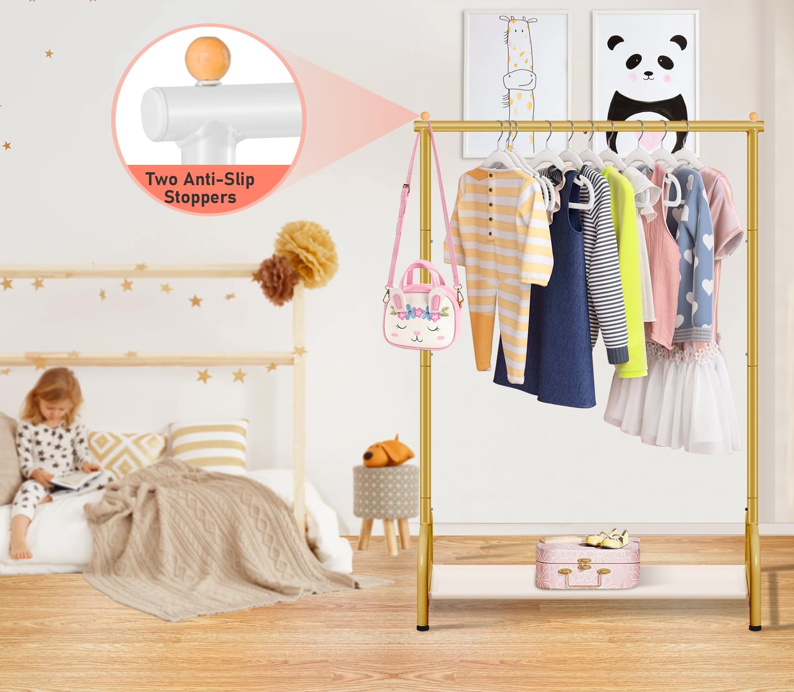 Sleeping Lamb Baby Clothing Rack, Small Kids Clothes Rack With Bottom Storage Shelf, Child Clothes Hanger Rack For Coats, Metal