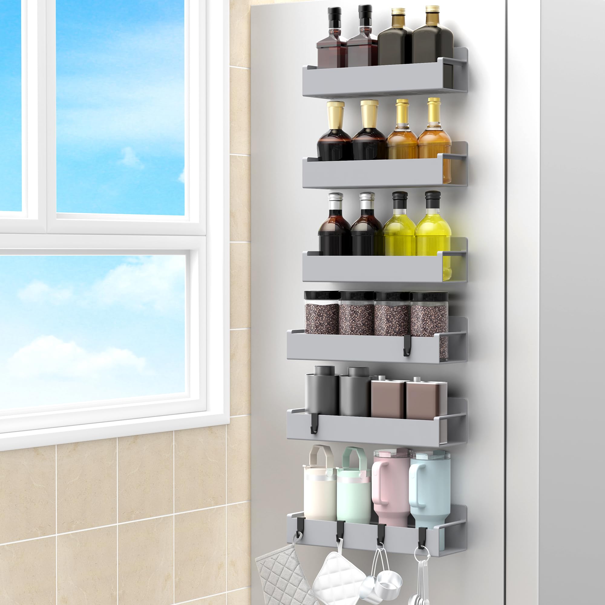 HuggieGems 6 Pack Magnetic Spice Rack Organizer for Refrigerator and Oven, Light Gray Fridge Organizers and Storage for Kitchen