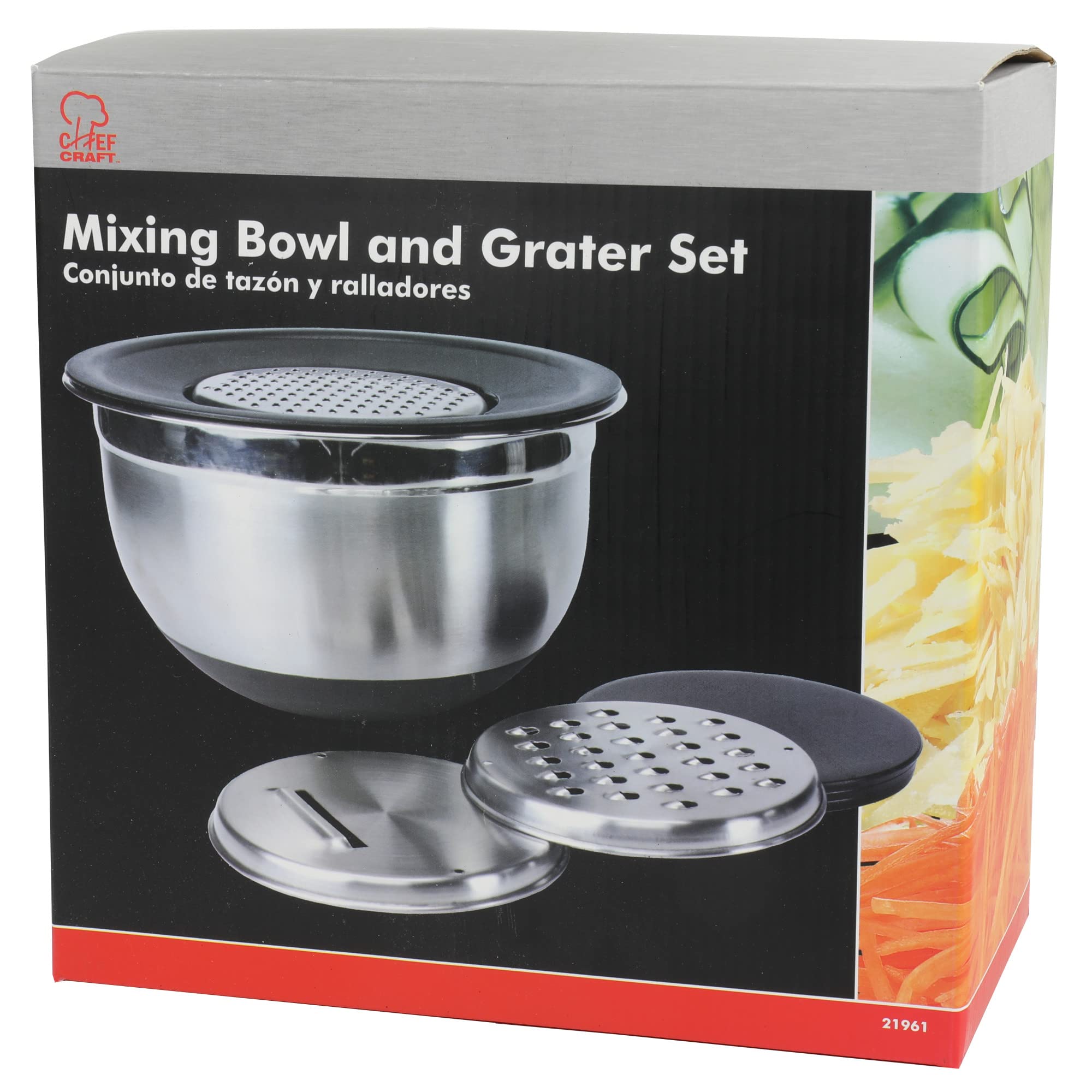 Chef Craft Select Mixing Bowl And Grater Lid Set, 7, 9.5, And 11.5 Inch, Stainless Steel