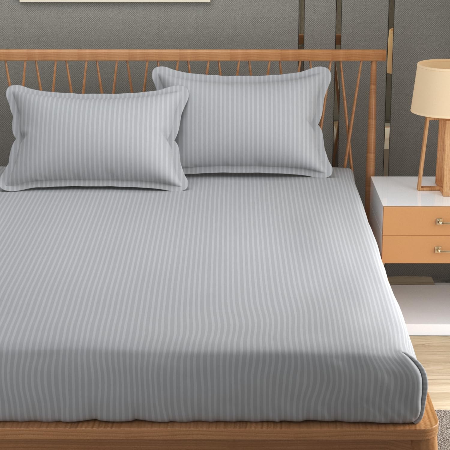 Homefab India 160 Tc Stripe Glace Cotton Double Bedsheet With 2 Pillow Covers - (90X90 Inches) - Silver