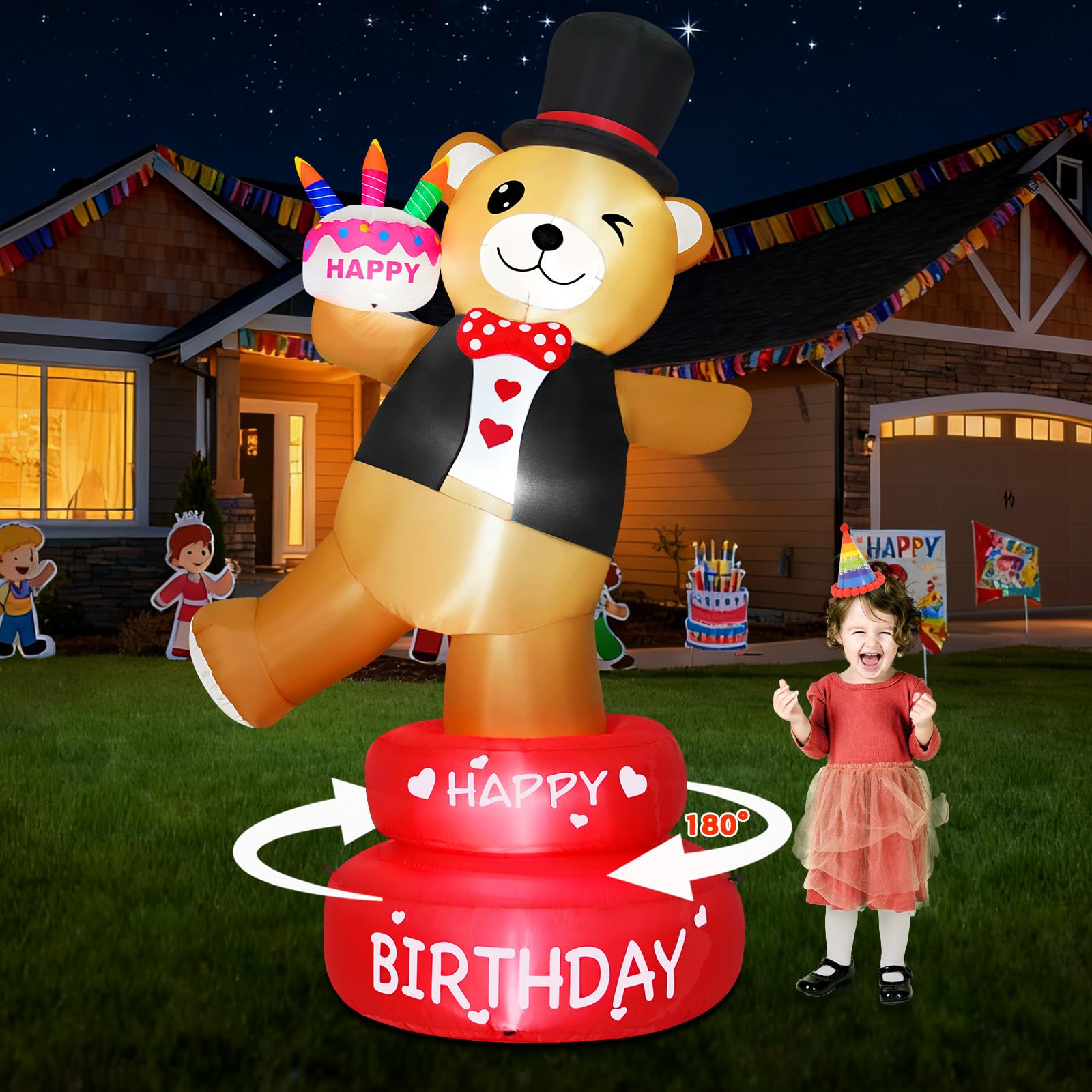 BRDJade 6FT Rotating Brown Bear Holding Birthday Cake Inflatable, 180 Spinning Blow Up Yard Decoration with Bright LED Lights fo