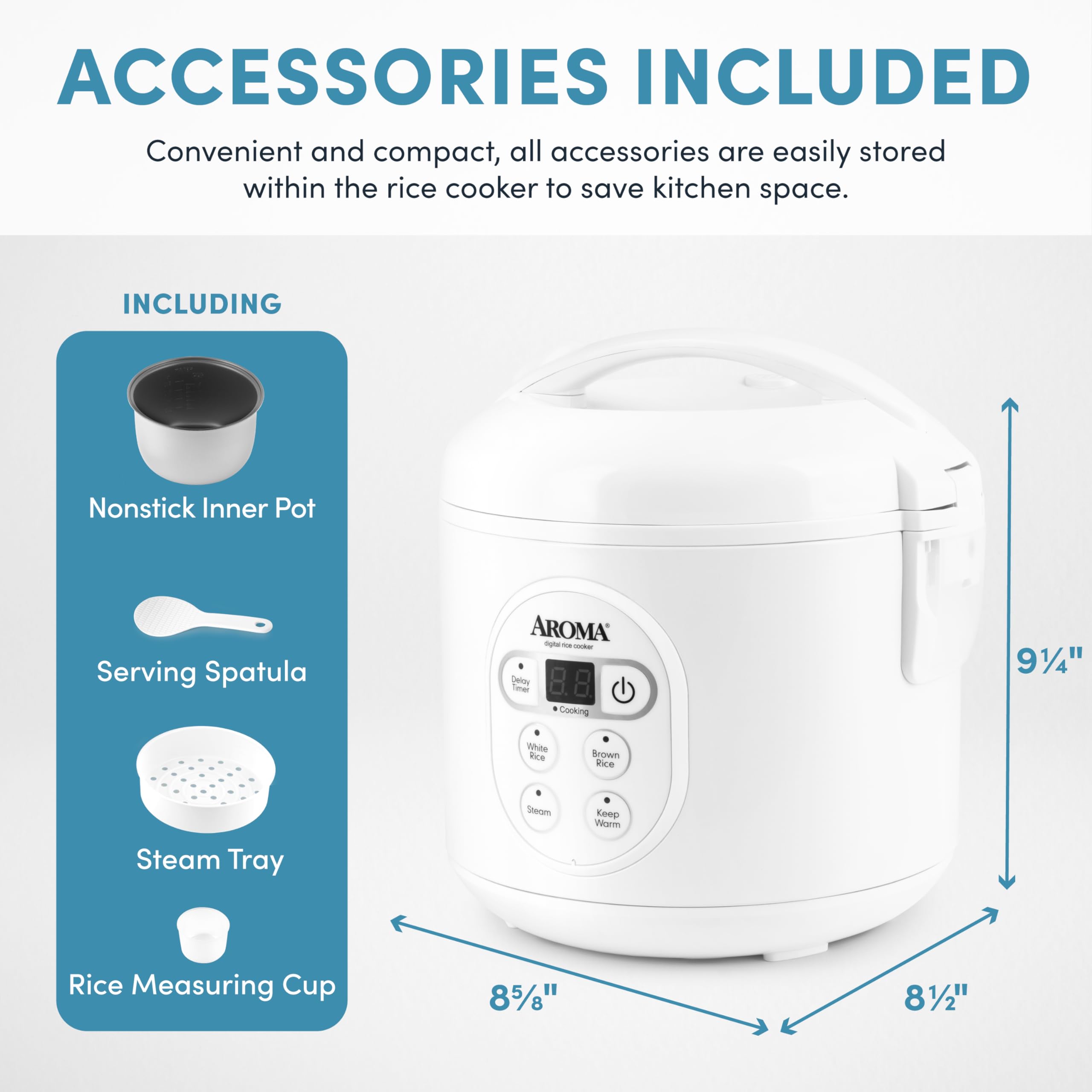 Aroma Housewares Digital Rice Cooker & Food Steamer, 8-Cup Cooked, 4-Cup Uncooked, White, Model ARC-914D, Steel Material