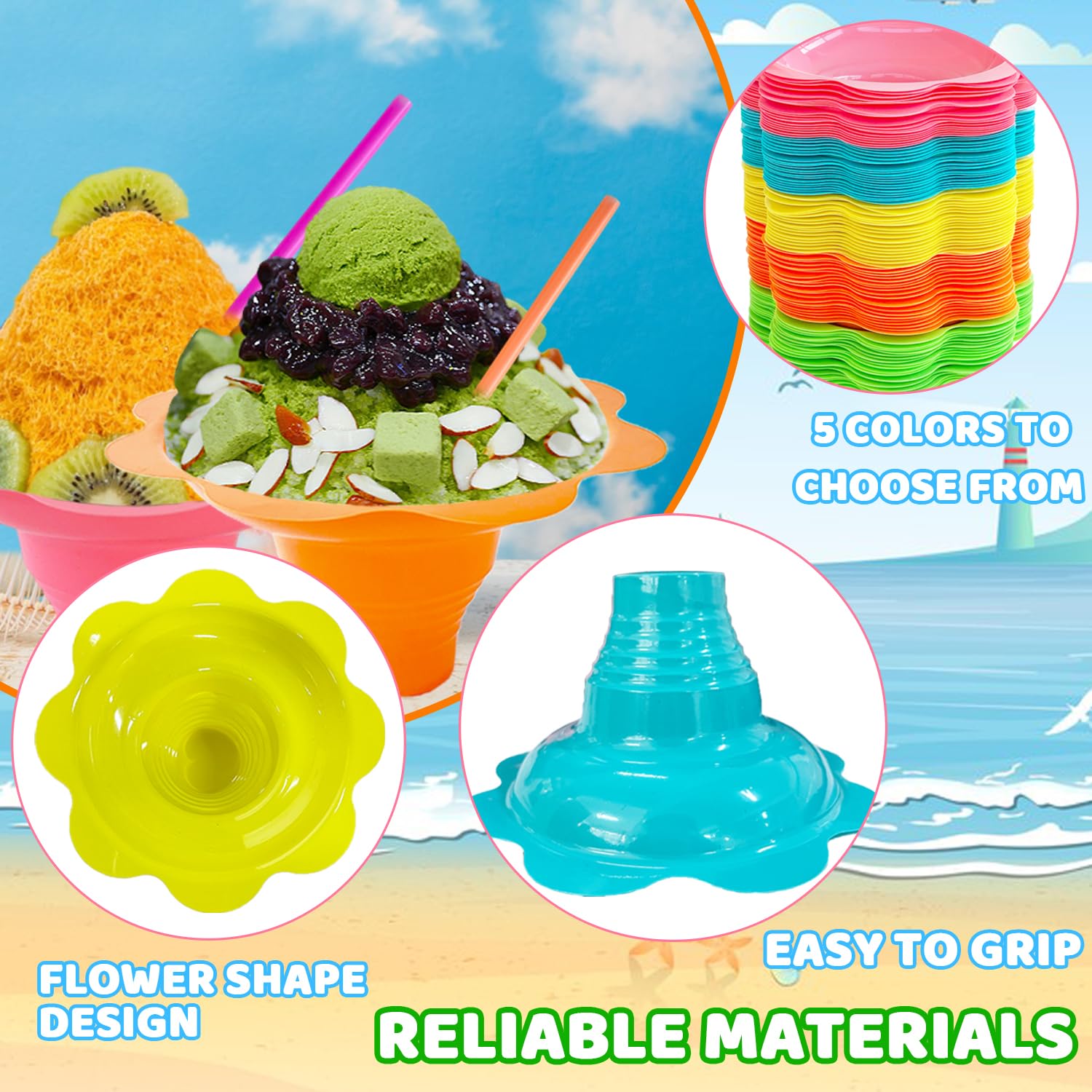 Haawooky 200Pcs 8Oz Colorful Flower Shaped Snow Cone Cups With Spoon Straws,Plastic Shaved Ice Drip Cups Reusable Plastic Snack