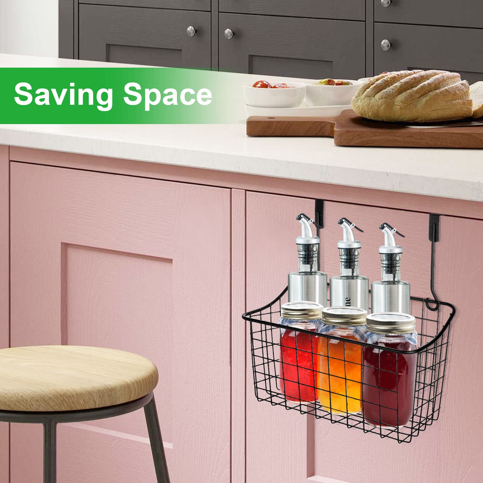Acxfond 4Pcs Over The Cabinet Basket, Over Cabinet Door Organizer, Grid Storage Baskets With Hooks, Metal Hanging Basket Kitchen