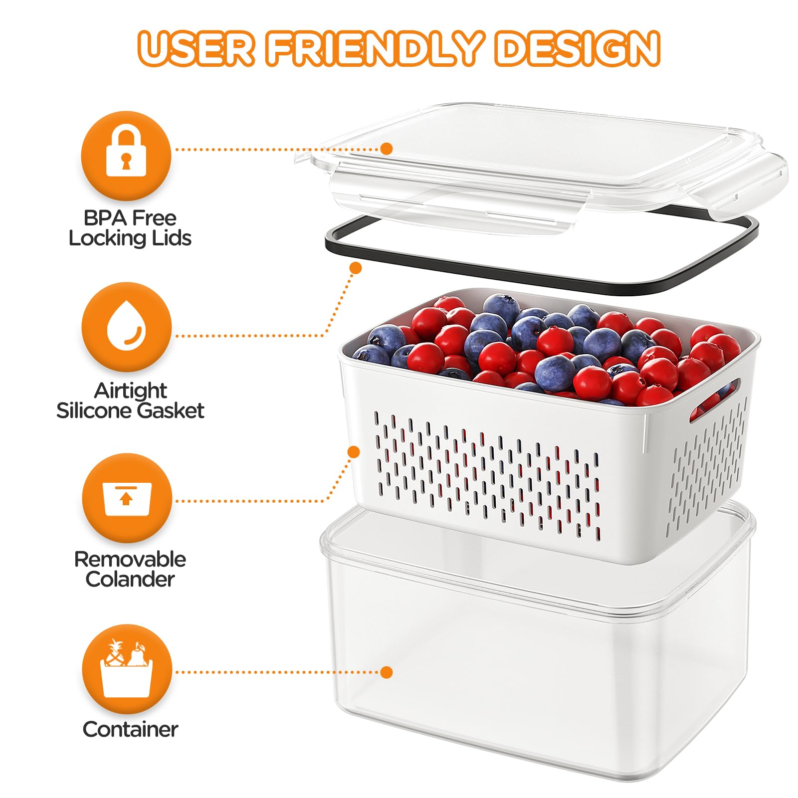 5-Pack Fruit Storage Containers For Fridge With Removable Colanders, 4 In 1 Produce Storage Containers With Lids, Leakproof Frid