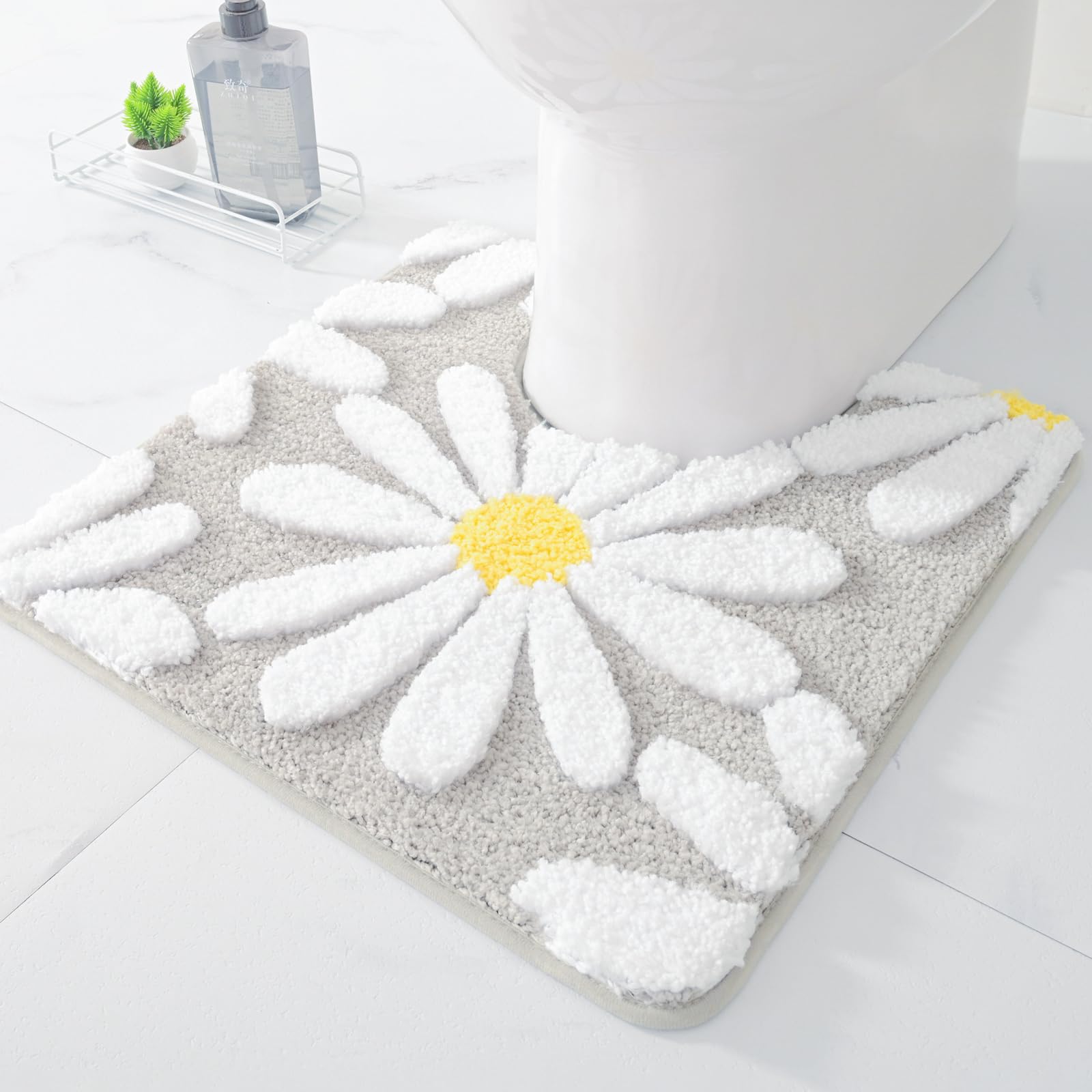 Qjhomo Toilet Rugs U Shaped, Gray Toilet Mat Cute Daisy Contour Bath Rug 20''X20'', Extra Thick Soft Machine Washable Toilet Car