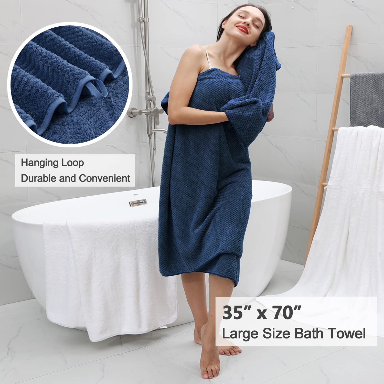 8 Piece Oversized Navy Bath Towel Set-2 Extra Large Bath Towel Sheets 2 Hand Towels 4 Washcloths-600GSM Soft Highly Absorbent Quick Dry Beach Chair Towels Woven Towels for Bathroom Hotel and Spa