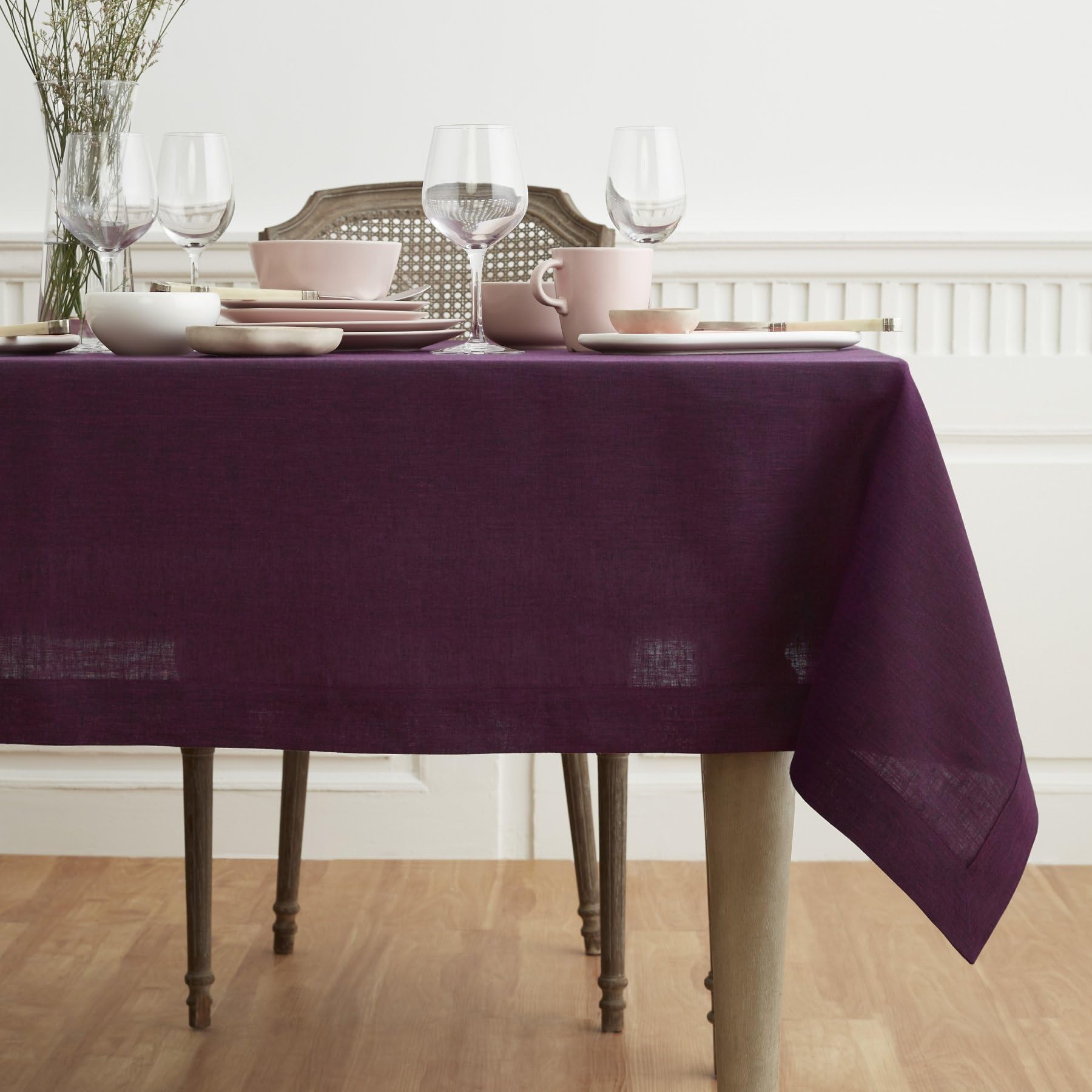 Solino Home Linen Tablecloth 120'' L X 60'' W Inch - 100% Pure Linen Chambray Burgundy Table Cloth For Rectangle Tables - Athena