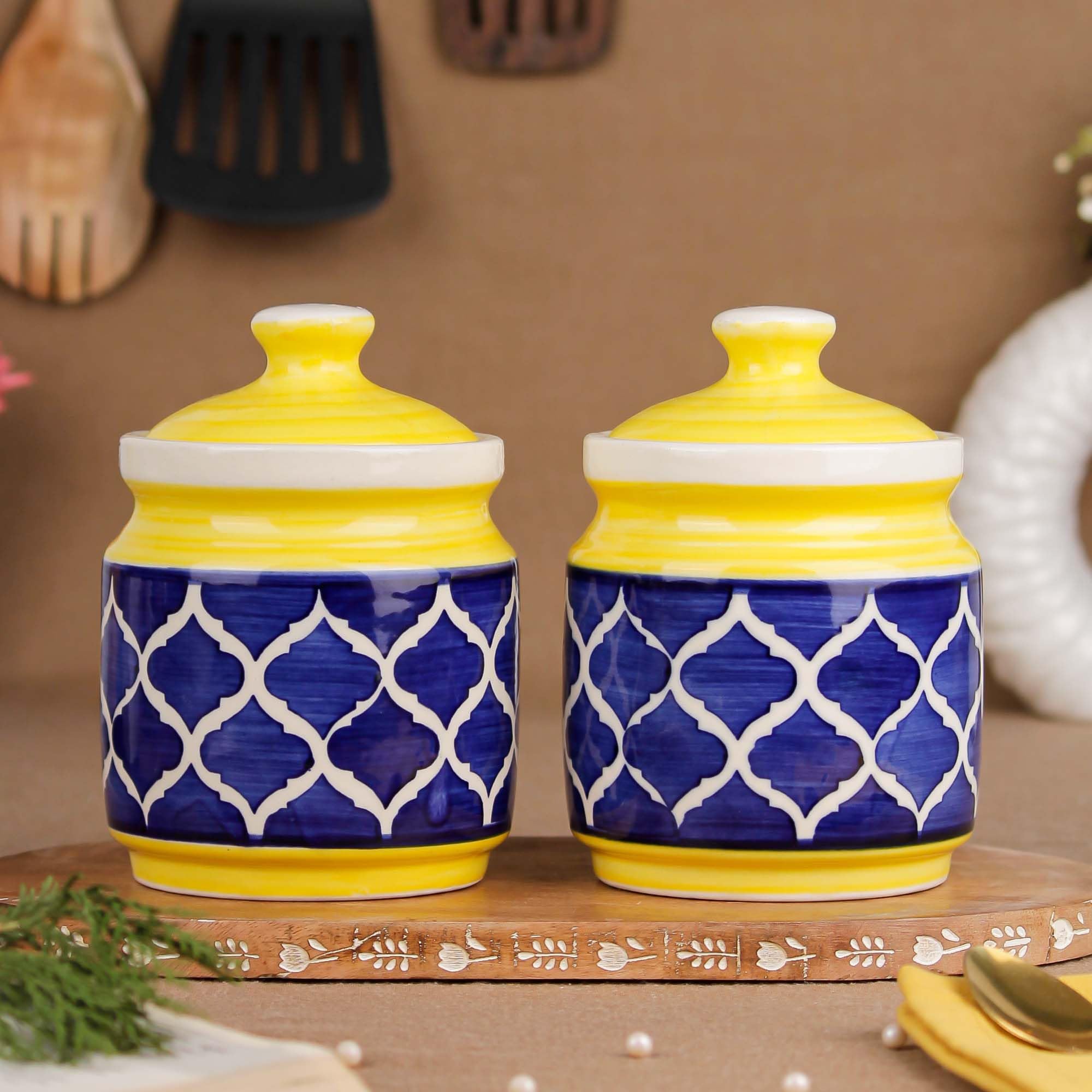 The Earth Store (Set Of 2 650Ml Each Handcrafted Yellow Blue Moroccan Ceramic Multipurpose Jar/Barni With Lid For Pickle,Chutney