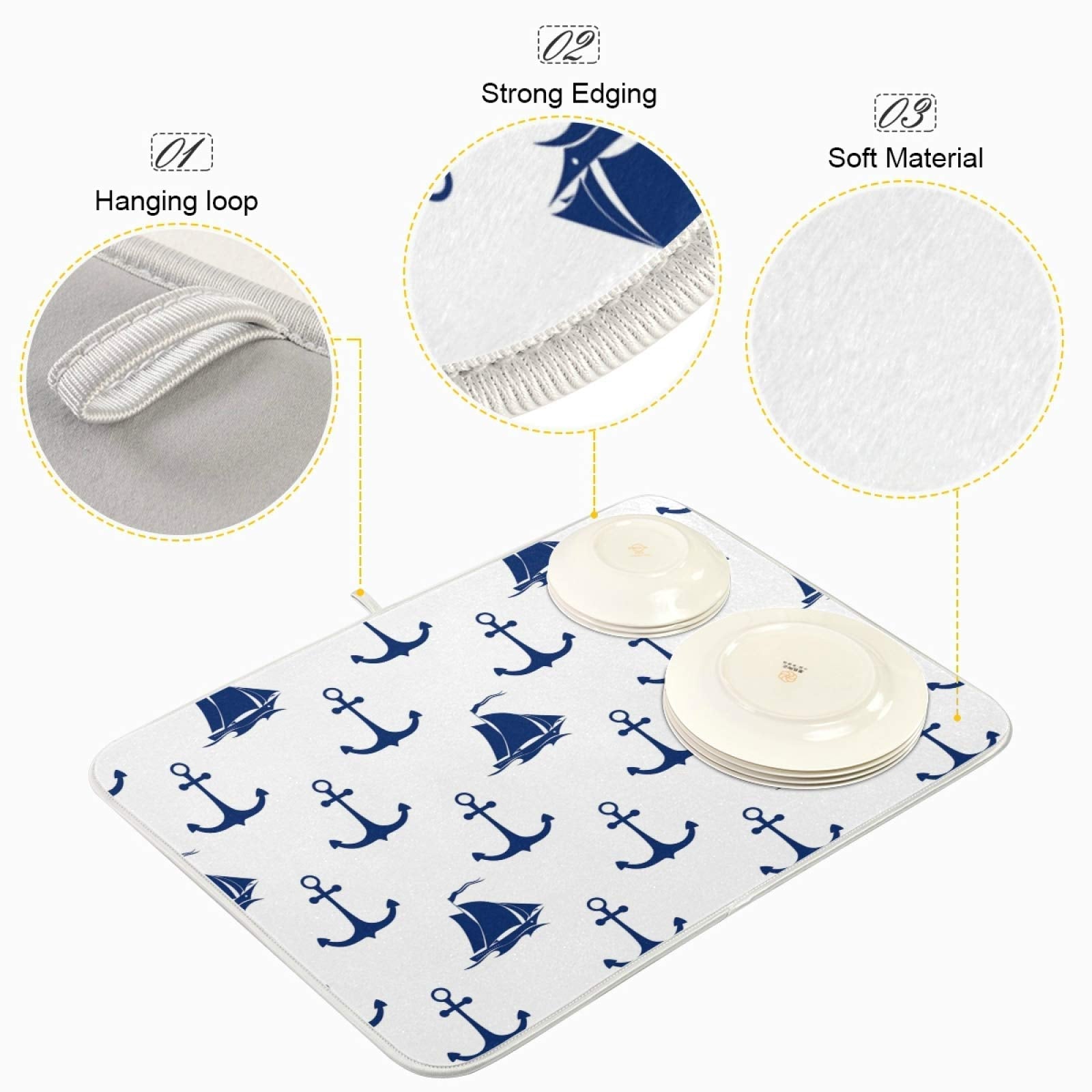 Wfrish Anchor Sailboat Pattern Dish Drying Mats Nautical Anchor Pattern Drying Mat With Hanging Loop Absorbent Dishes Drainer Pa