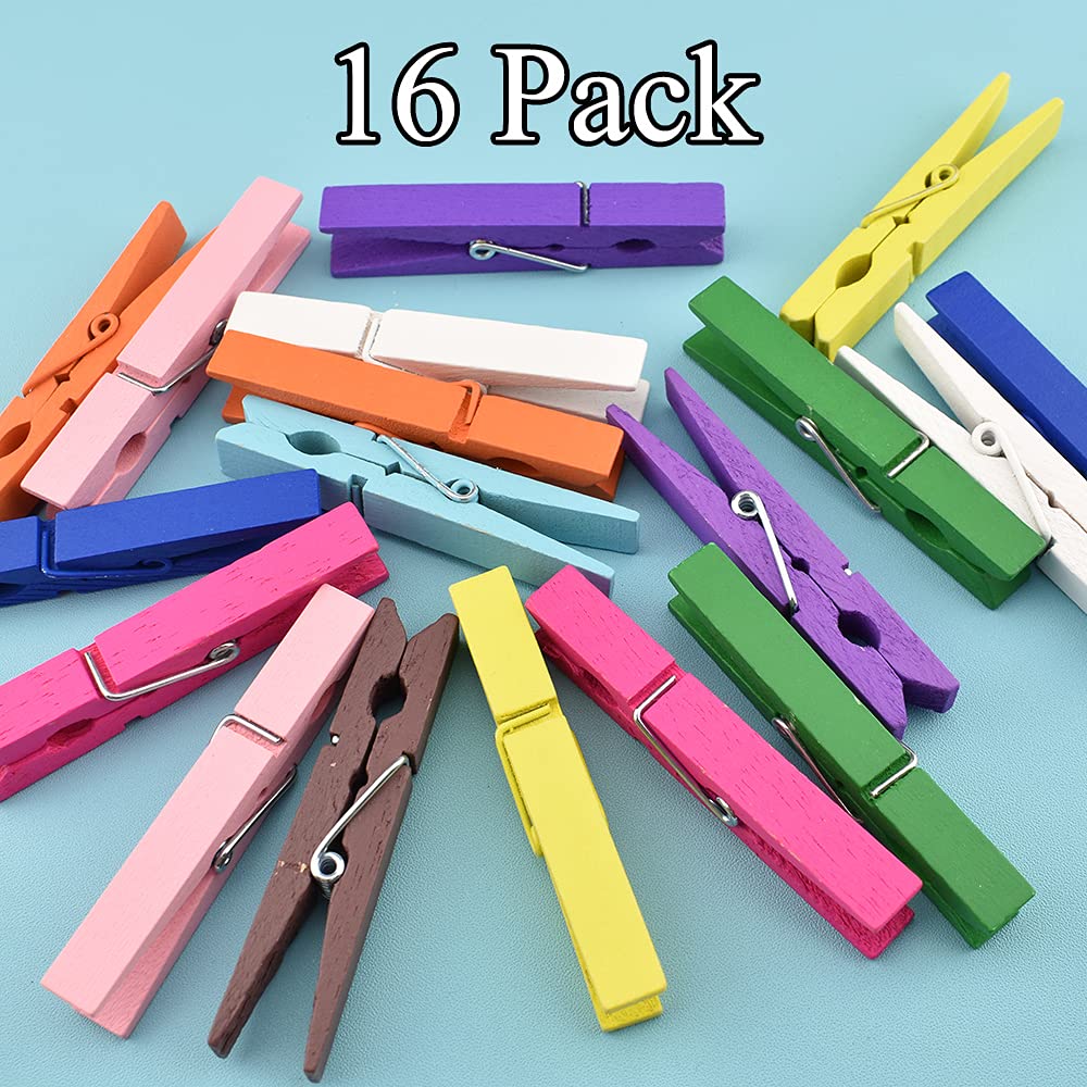 Hahiyo Colorful Wooden Clothes Pins Clothespins Wide Do Not Fall Apart 2.87 Inches Length 16 Pack Sturdy Strong Springs No Rust