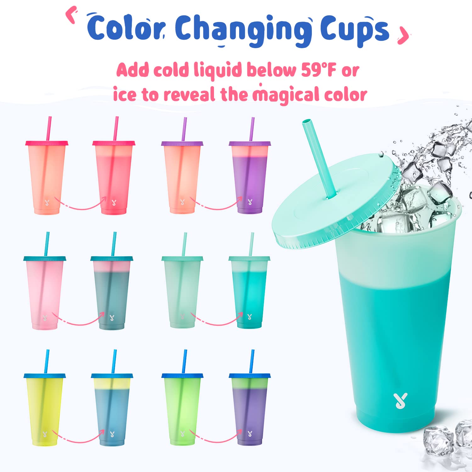 Meoky Plastic Cute Cold Cups With Lids And Straws Bulk For Iced Coffee - 6 Pack 24 Oz Color Changing Reusable For Adults Kid Wom