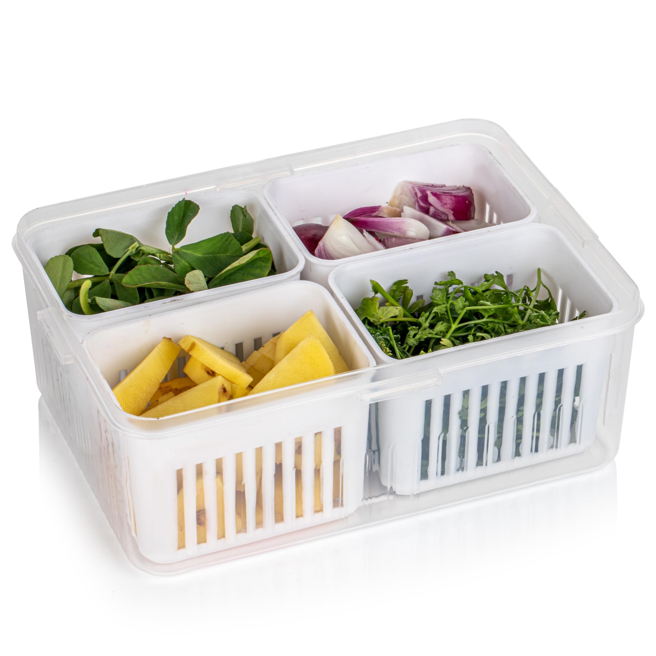 Ucravo Divided Food Serving Tray With Lids Stackable Fruit&Veggie Container With 4 Small Dividers Plastic Storage Bins For Fridg