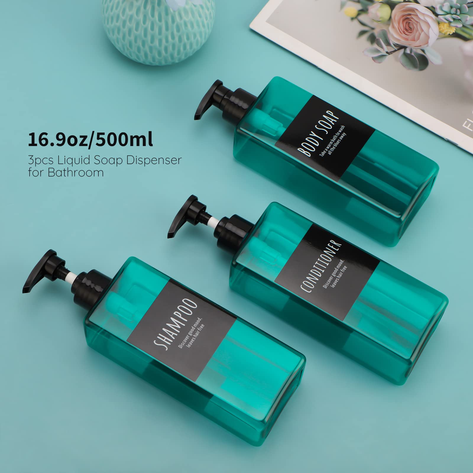 16.9Oz Shampoo Conditioner Bottles, Segbeauty 3Pcs 500Ml Pump Press Dispenser With Labels, Empty Refillable Shampoo Body Soap Co