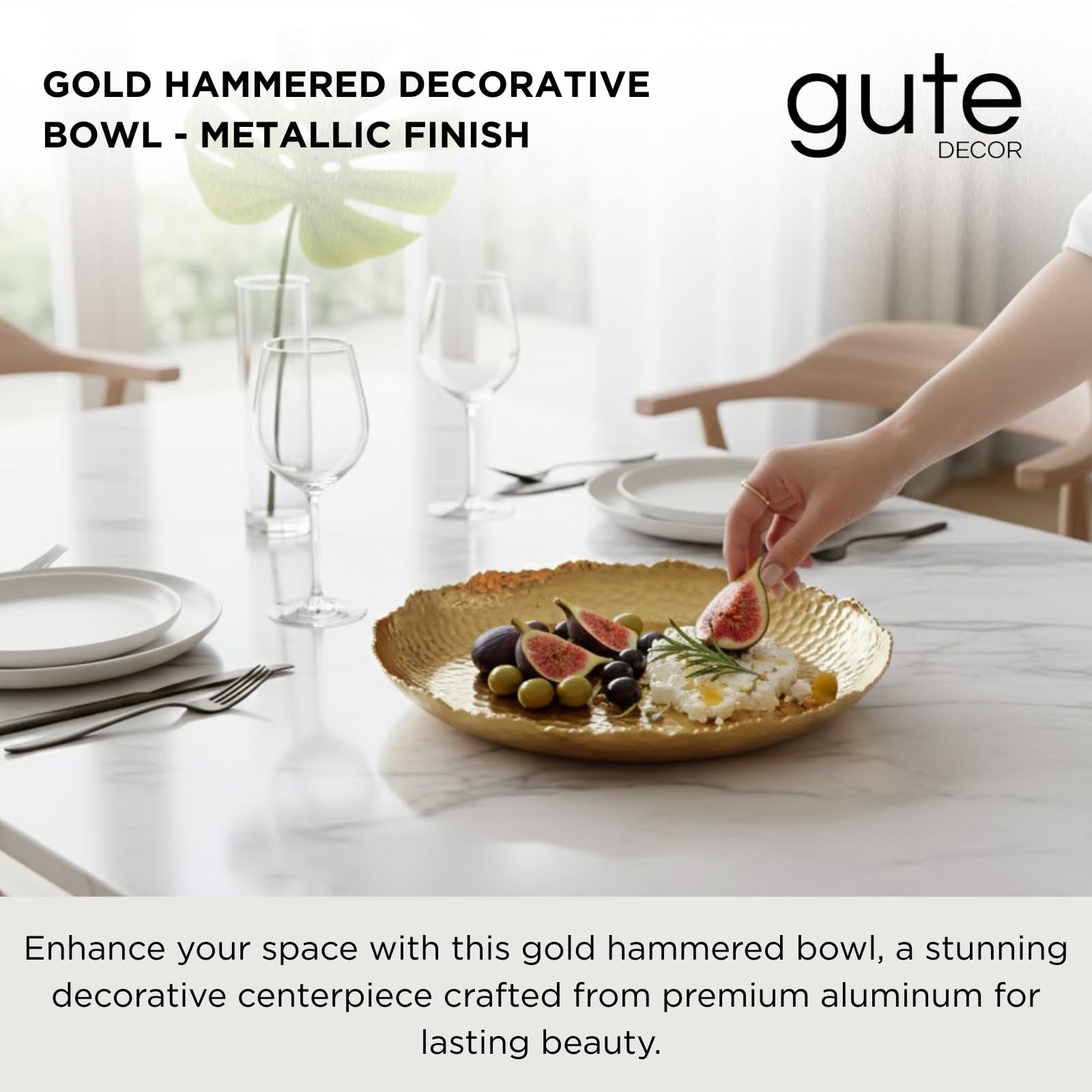 Gold Hammered Decorative Bowl Elegant Aluminum Centerpiece