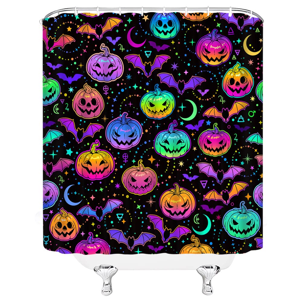 Ccxtcz Colorful Pumpkin Shower Curtain Scary Bat Star Moon Gothic Magic Mysterious Horror Spooky Fantasy Happy Halloween Fabric