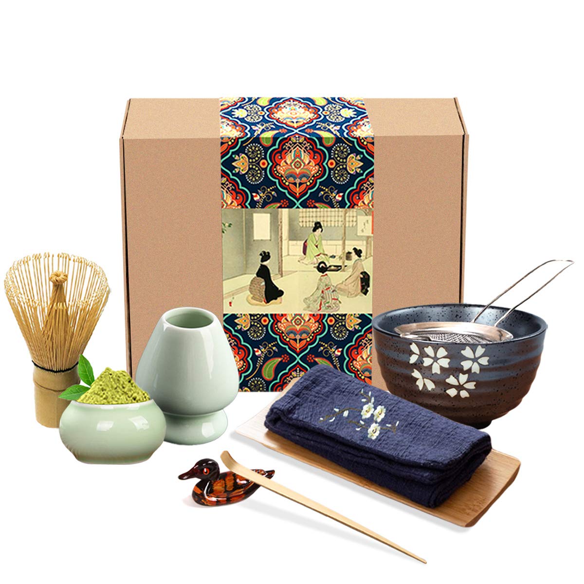 Artcome Traditional Japanese Matcha Tea Set, Matcha Whisk, Traditional Scoop, Matcha Bowl & Caddy, Ceramic Whisk Holder, Handmad