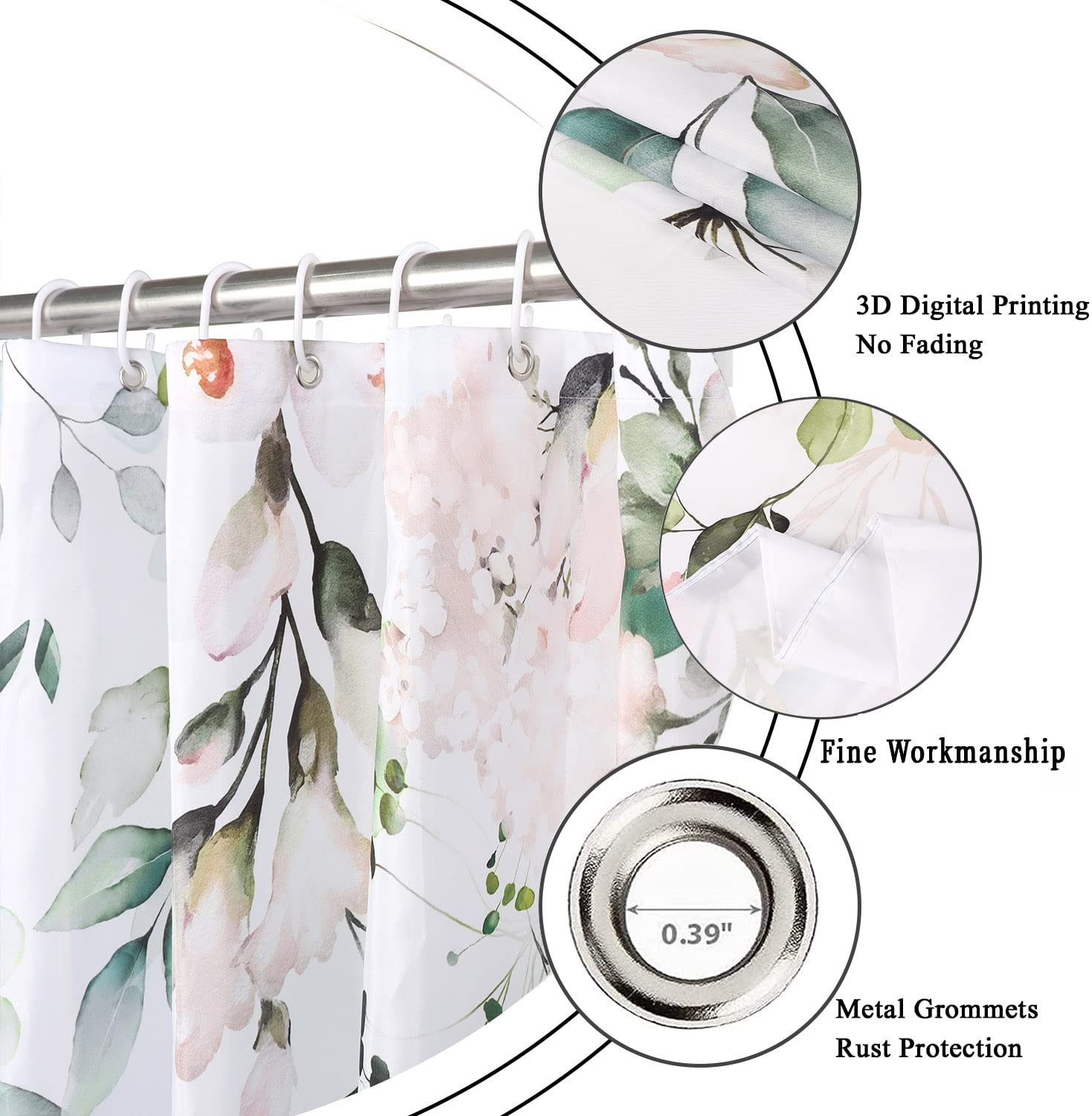 Gcirec Spring Eucalyptus Shower Curtain, Sage Green Eucalyptus Leaves Botanical Plants With Pink Flowers On The Top Fabric Bathr