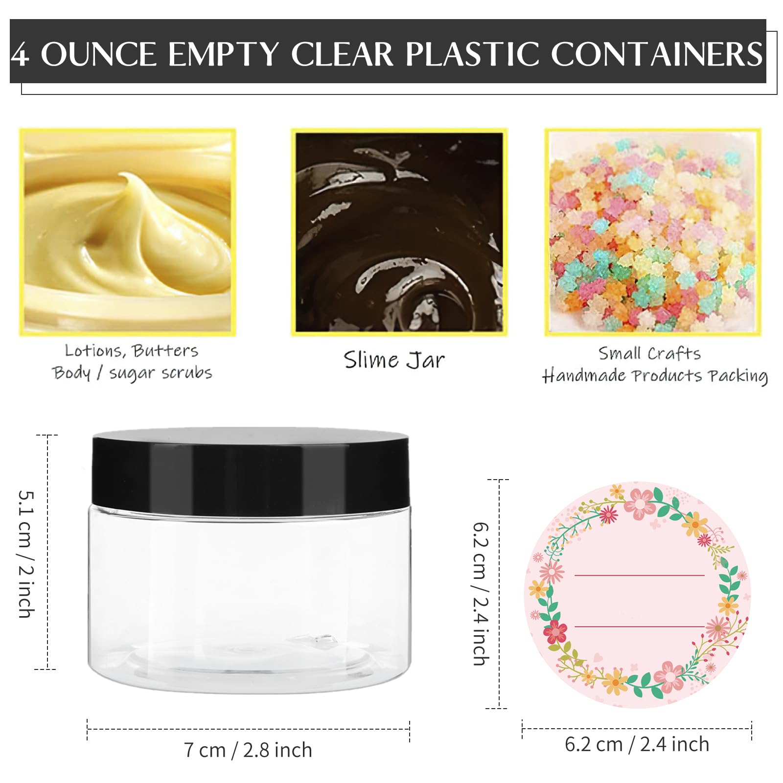 Tuzazo 4 Oz Plastic Container Jars With Lids And Labels Bpa Free, 24 Pack Empty Round Clear Cosmetic Slime Jars For Lotion, Crea