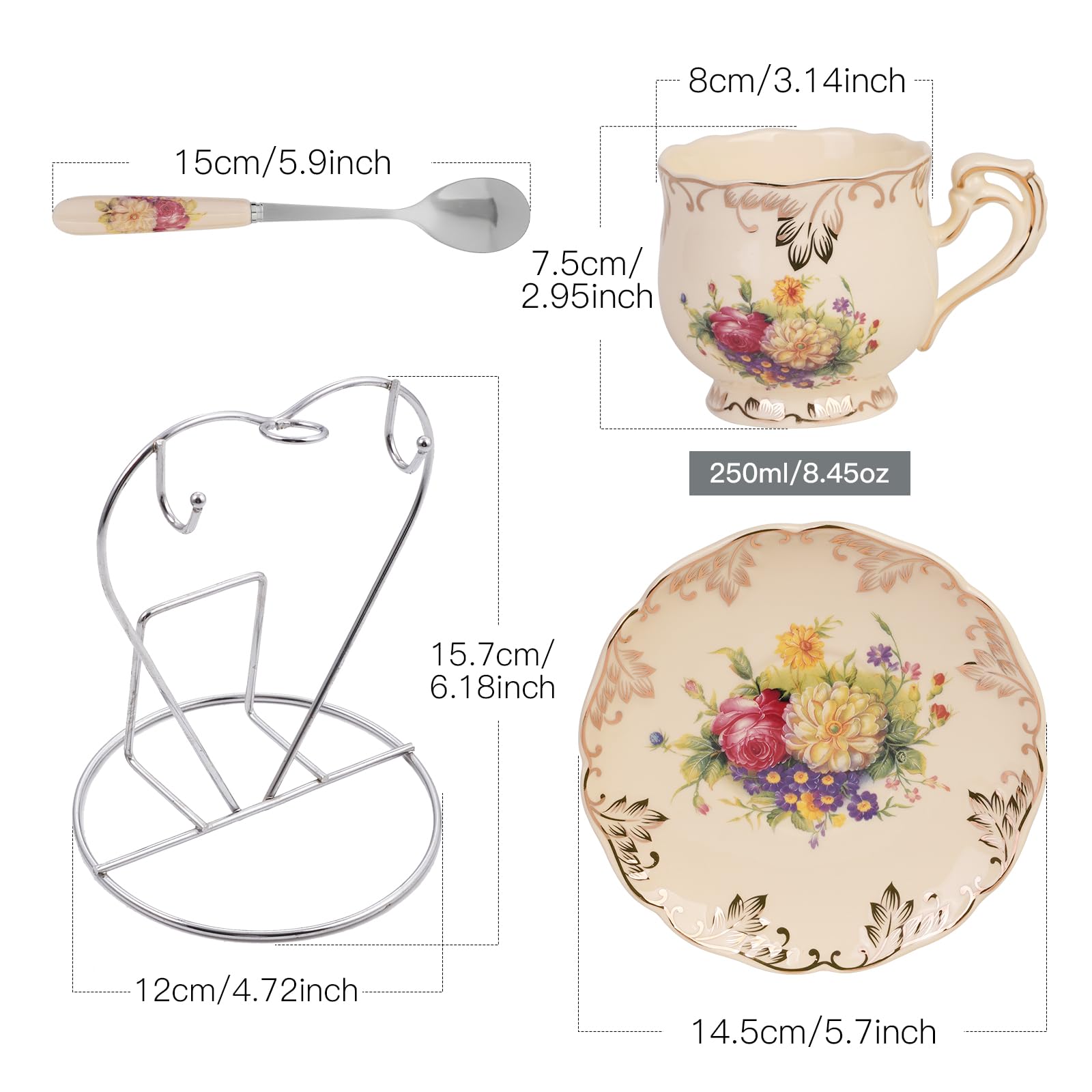 Yolife Tea Cups And Saucers Set Of 2, Porcelain Floral Tea Cups Set With Holder, Fancy Vintage Tea Cups 8 Oz