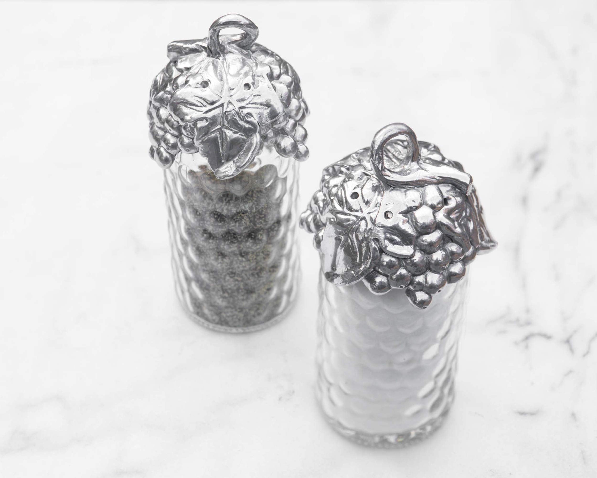 Arthur Court Grape Pattern Aluminum With Artisan Quality Hand Polished Lid For Large Glass Salt And Pepper S/P Shaker 5.75 Inch