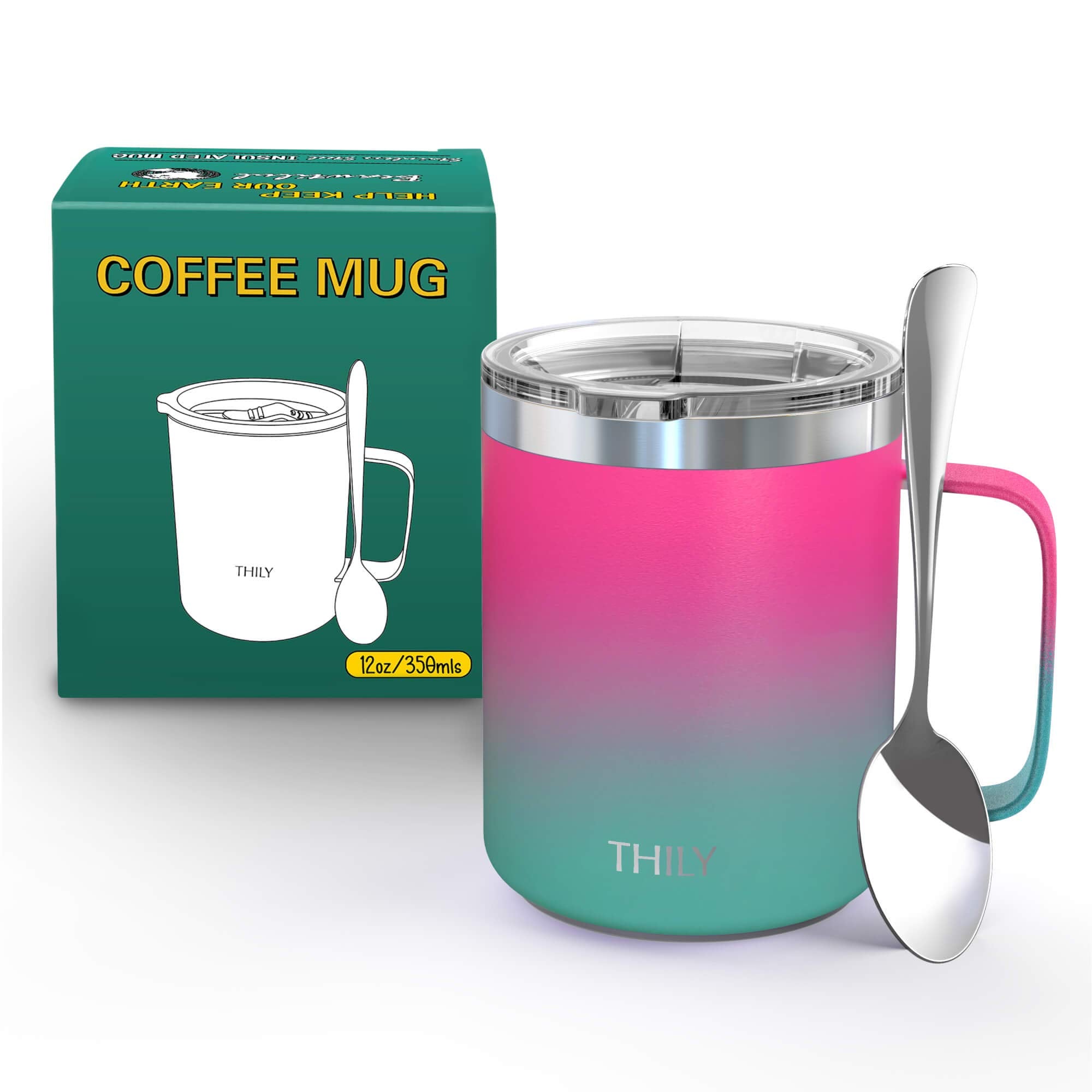 Thily Stainless Steel Insulated Travel Mug 12 Oz Vacuum Insulated Coffee Cup With Handle, Spill-Proof Lid, Keep Coffee Cold Or H