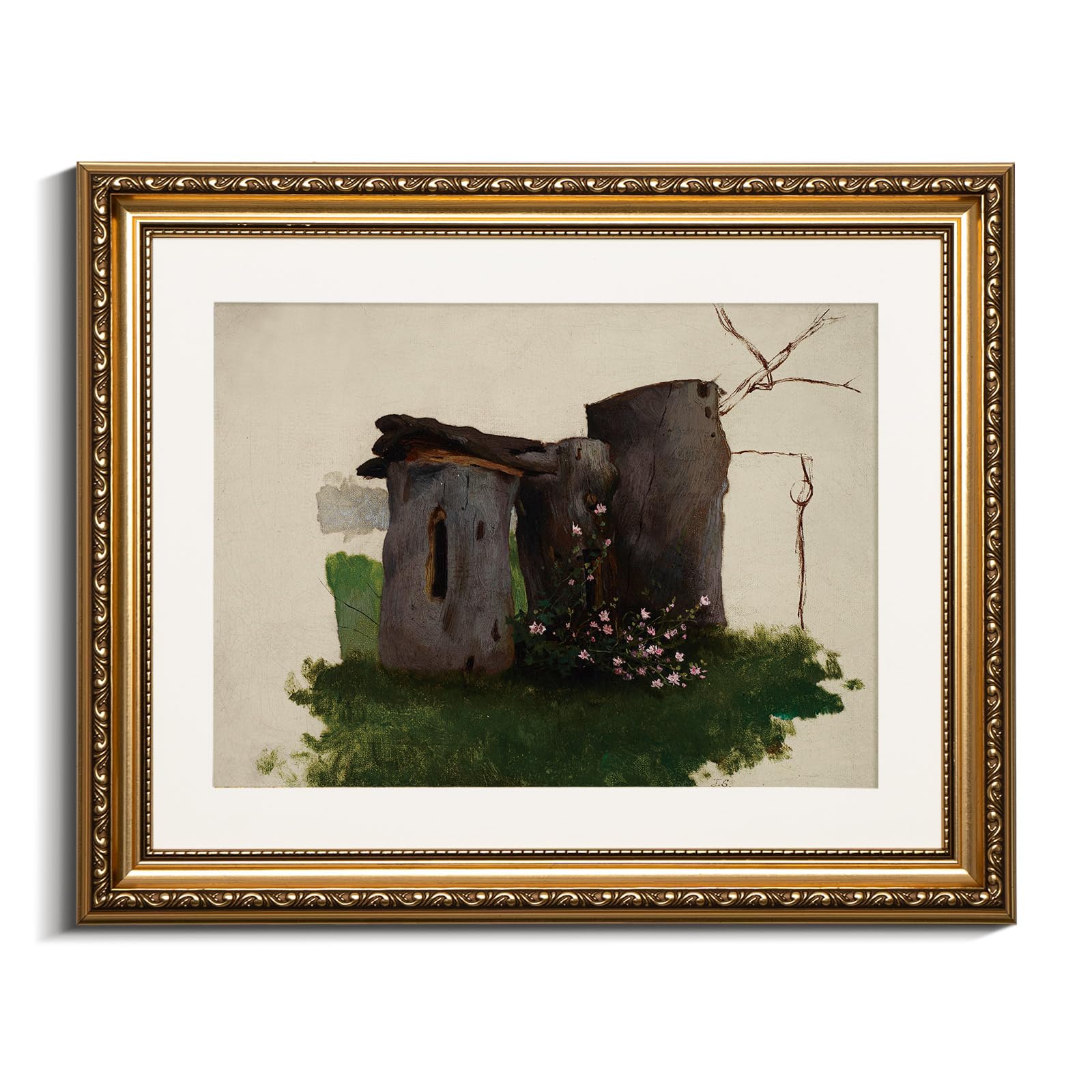 Viyyiea Gold Framed Wall Art Canvas Print Home Decor Vintage Tree Holes Wild Flowers Bathroom Art Decor Aesthetic Room Decor Oil