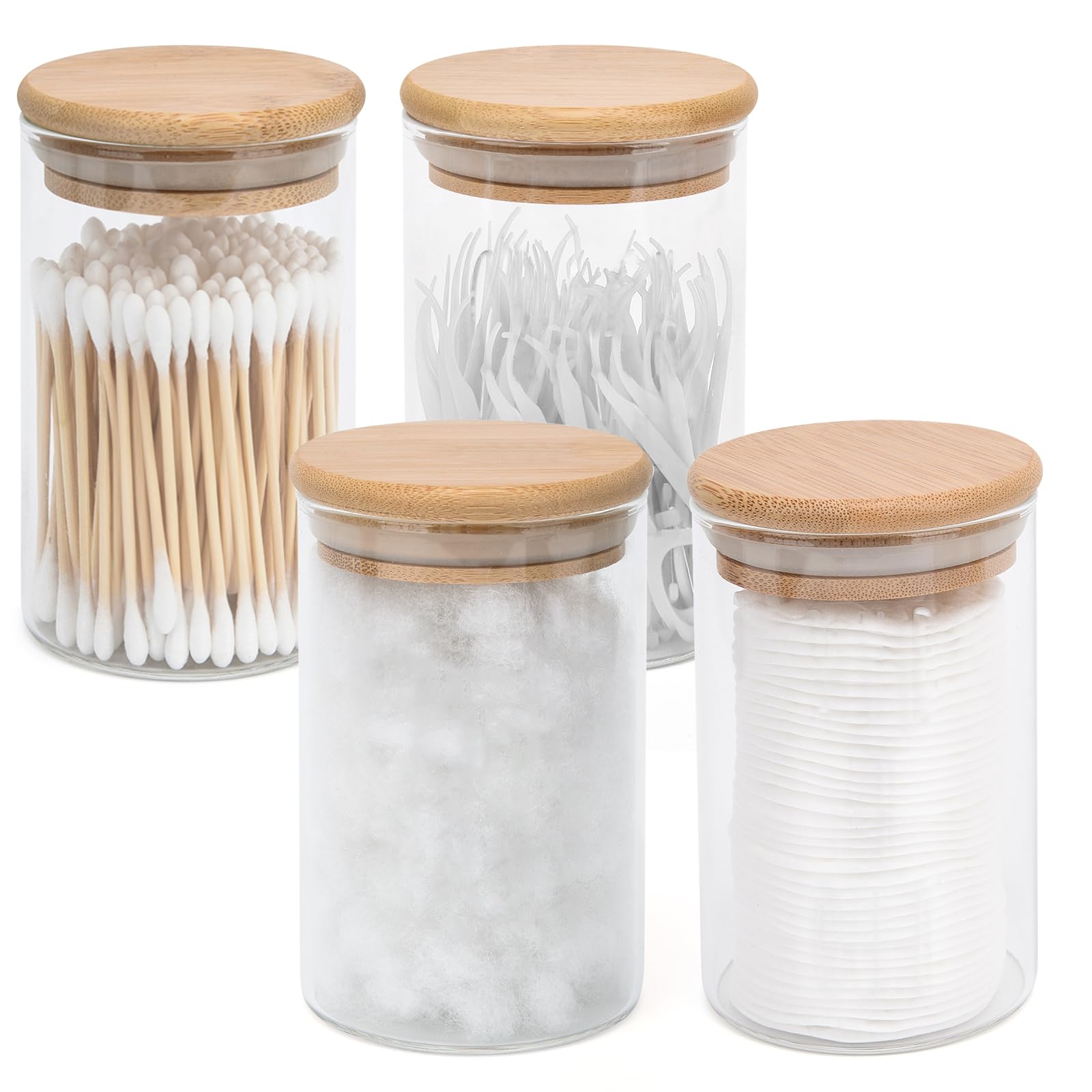 Bkyfpq 4 Pack Glass Qtip Holder Dispenser Apothecary Jars With Lids, Cotton Ball Pad Round Swab Holder For Bathroom Accessories