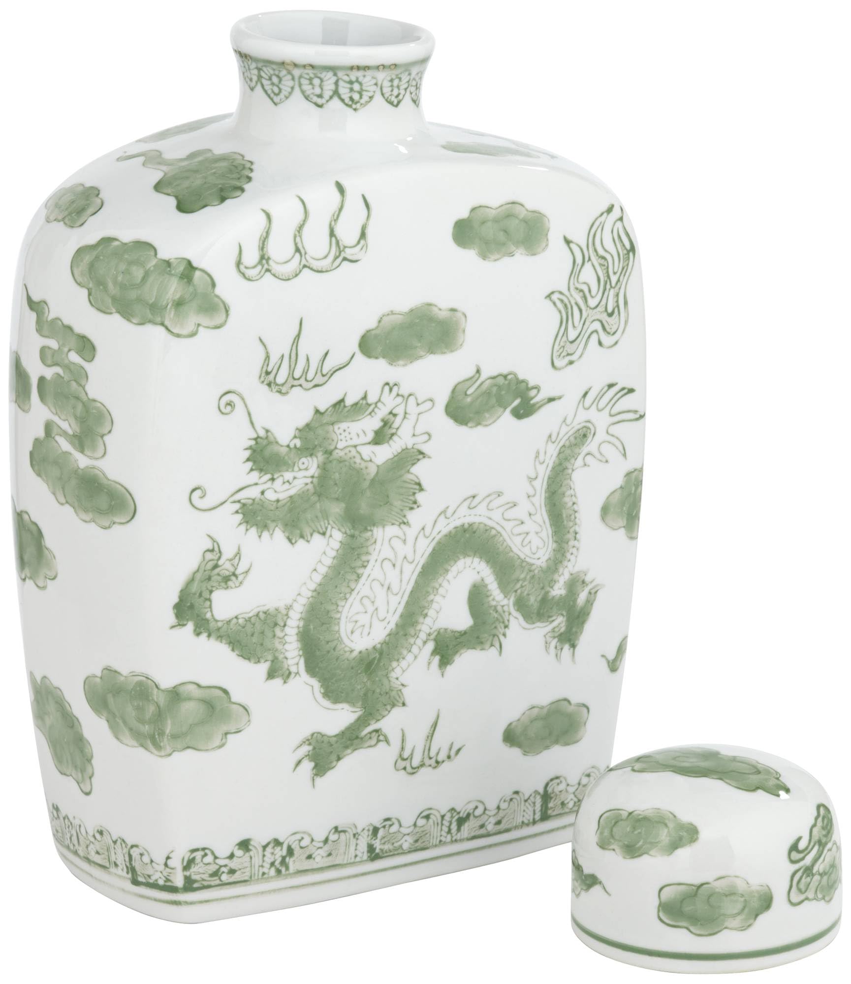 Sansui 10 1/2H Green and White Ceramic Ginger Jar with Lid - Dahlia Studios