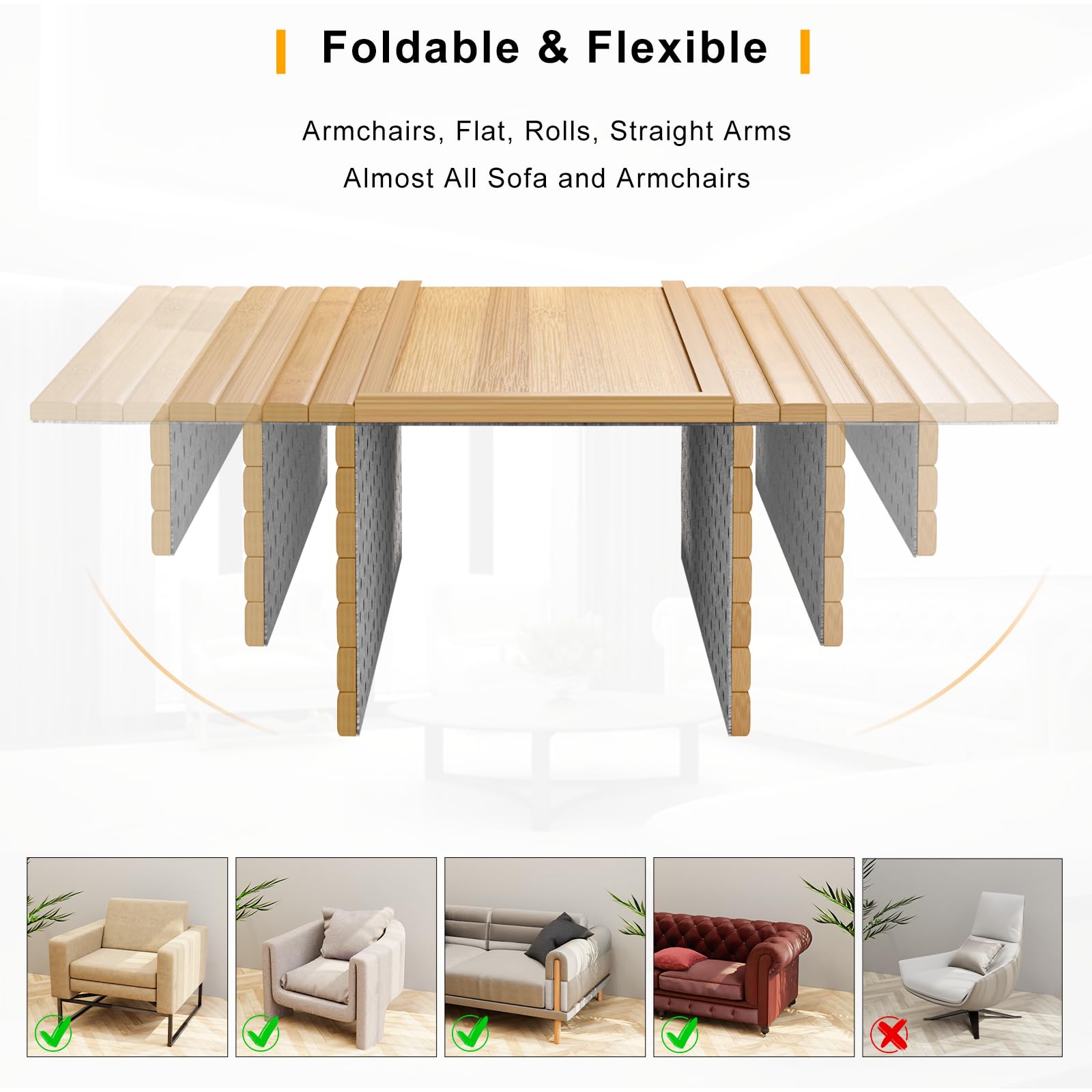 Bestjing Bamboo Sofa Armrest Tray Table For Couch - 2-In-1 Couch Arm Table With Be Slide Detachable Tray - Anti-Slip Foldable So