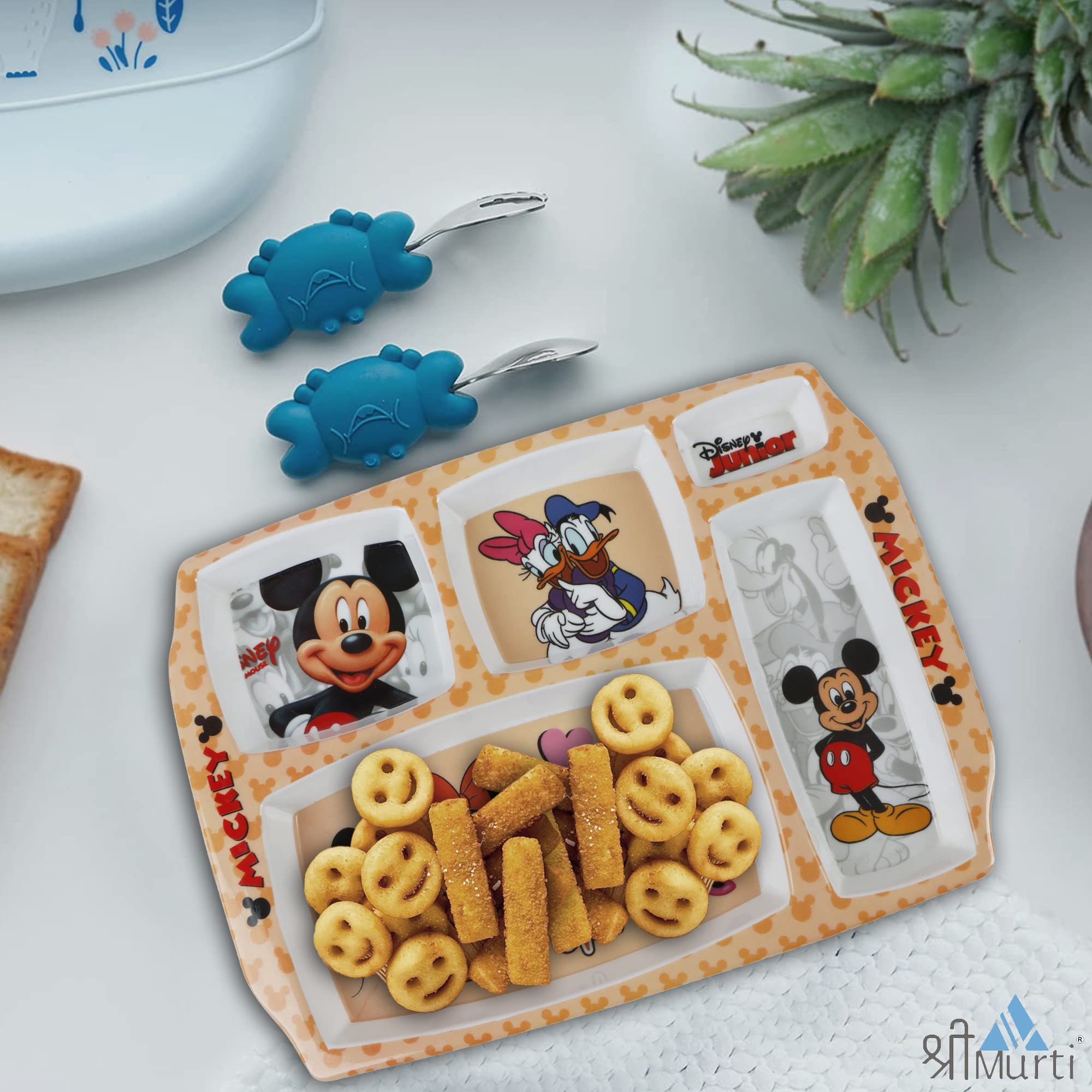 Shree Murti Food Serving Dinner Plate with 5 Sectioned Partition Funny Cartoon Printed (Minnie) |Perfect Gifting for Navratri Di