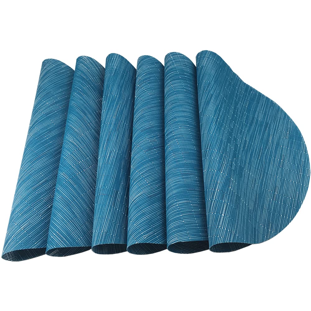 Wazaigur Round Placemats Set Of 6 Woven Vinyl Easy To Clean Heat Resistant Kitchen Table Mats 15 Inch(Blue 6)