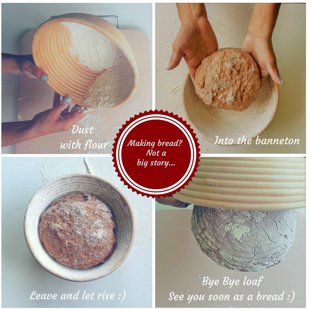 (22 Cm) Round Banneton Proofing Basket Set - Brotform Handmade Unbleached Natural Cane For Homemade Crusty Fresh, Easy To Bake B