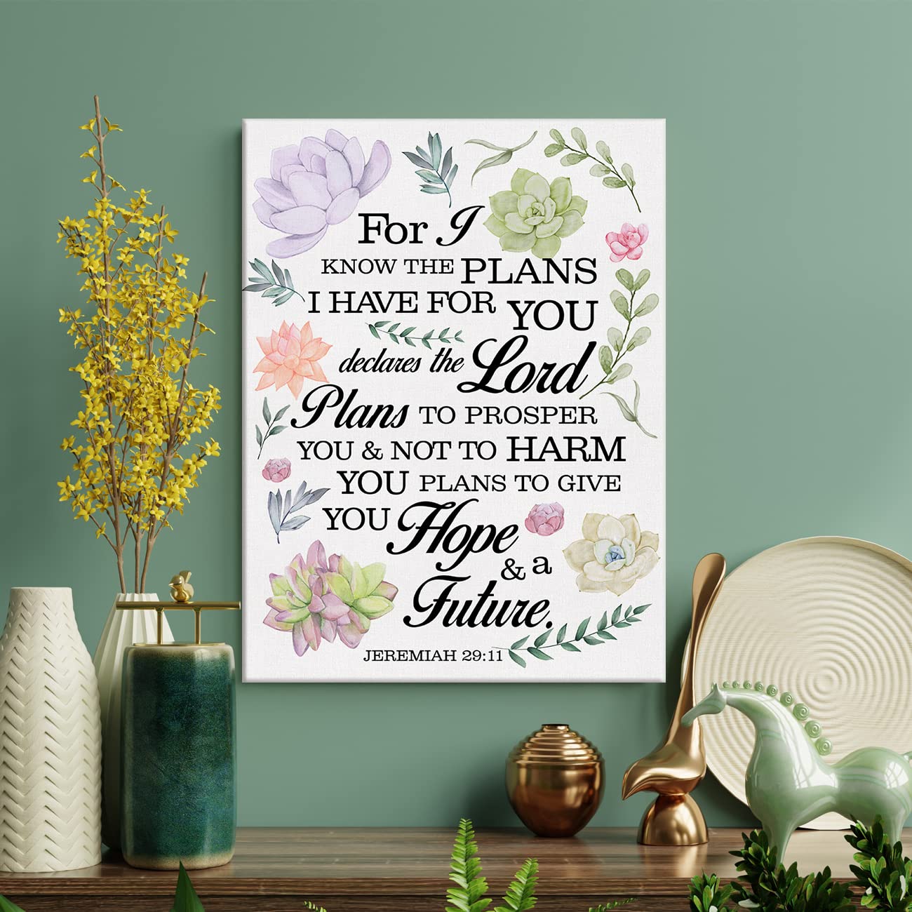 Floral Nursery Bible Verse Print Canvas Wall Art Home Decor Jeremiah 29:11 Scripture Painting 12X15 Canvas Poster Framed Ready T